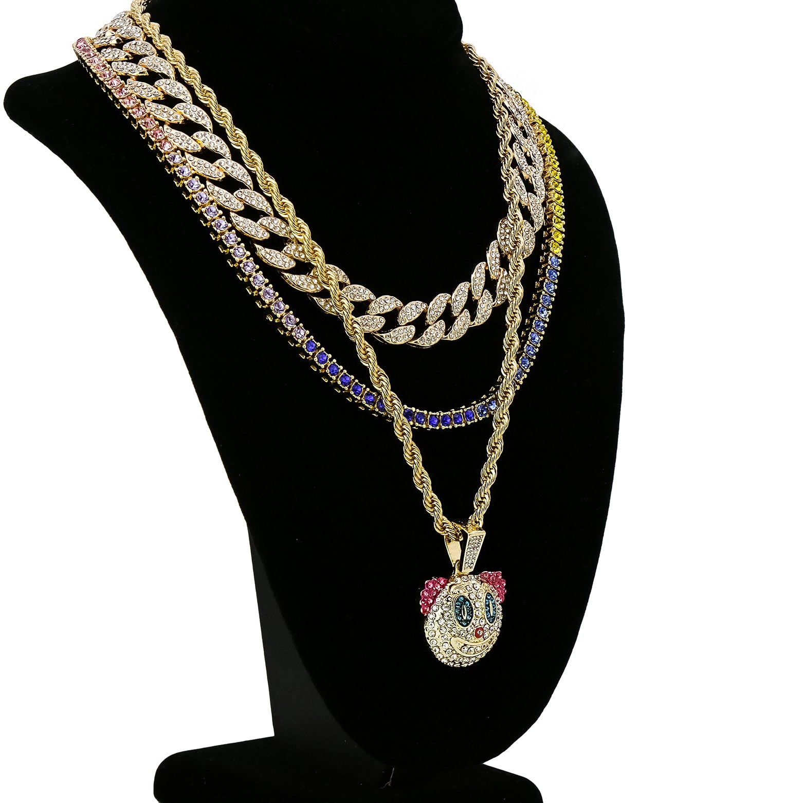 Clown 4 Pcs Set Cuban, Tennis & Rope Chain Bundle Gold PT