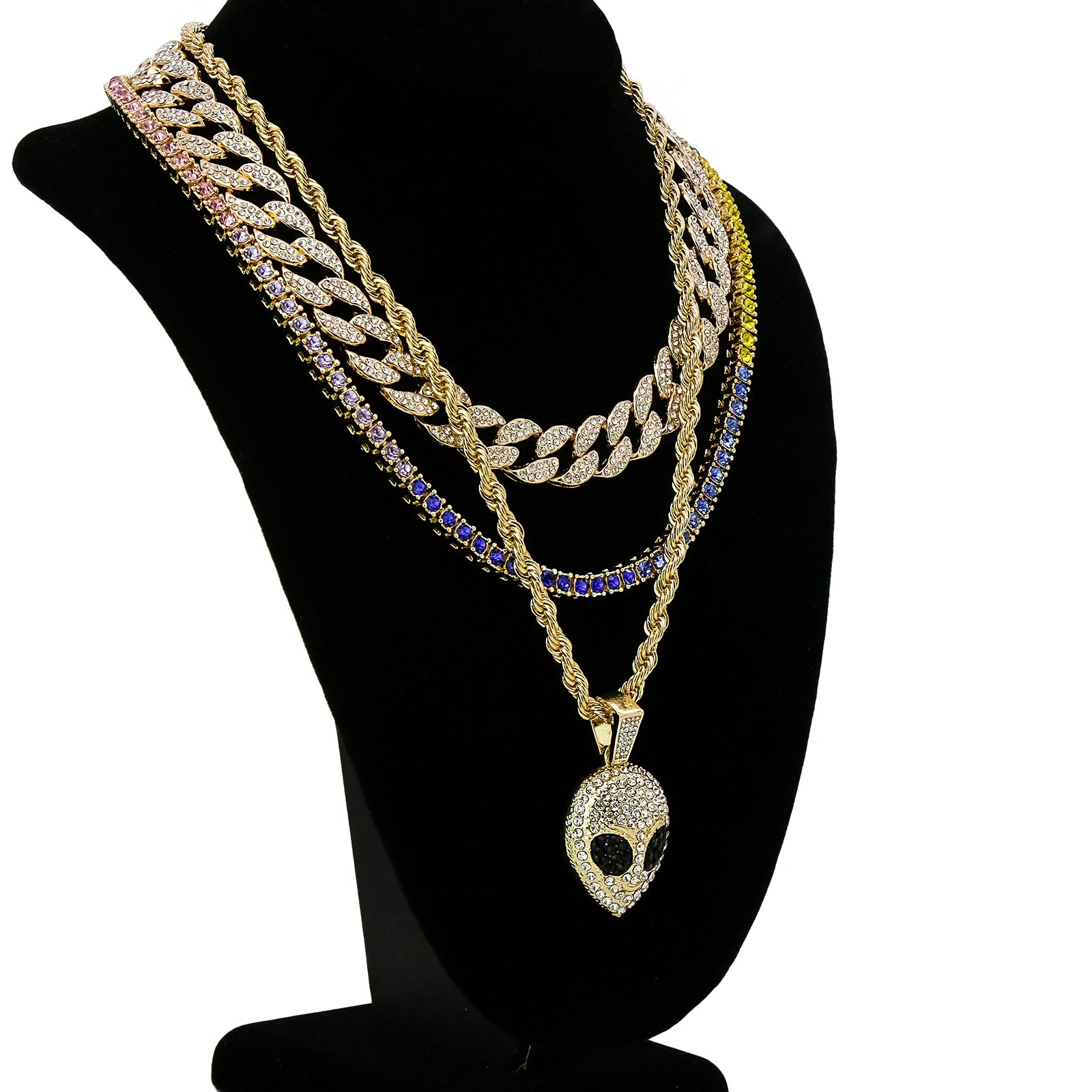 Alien Fcae 4 Pcs Set Cuban, Tennis & Rope Chain Bundle Gold PT
