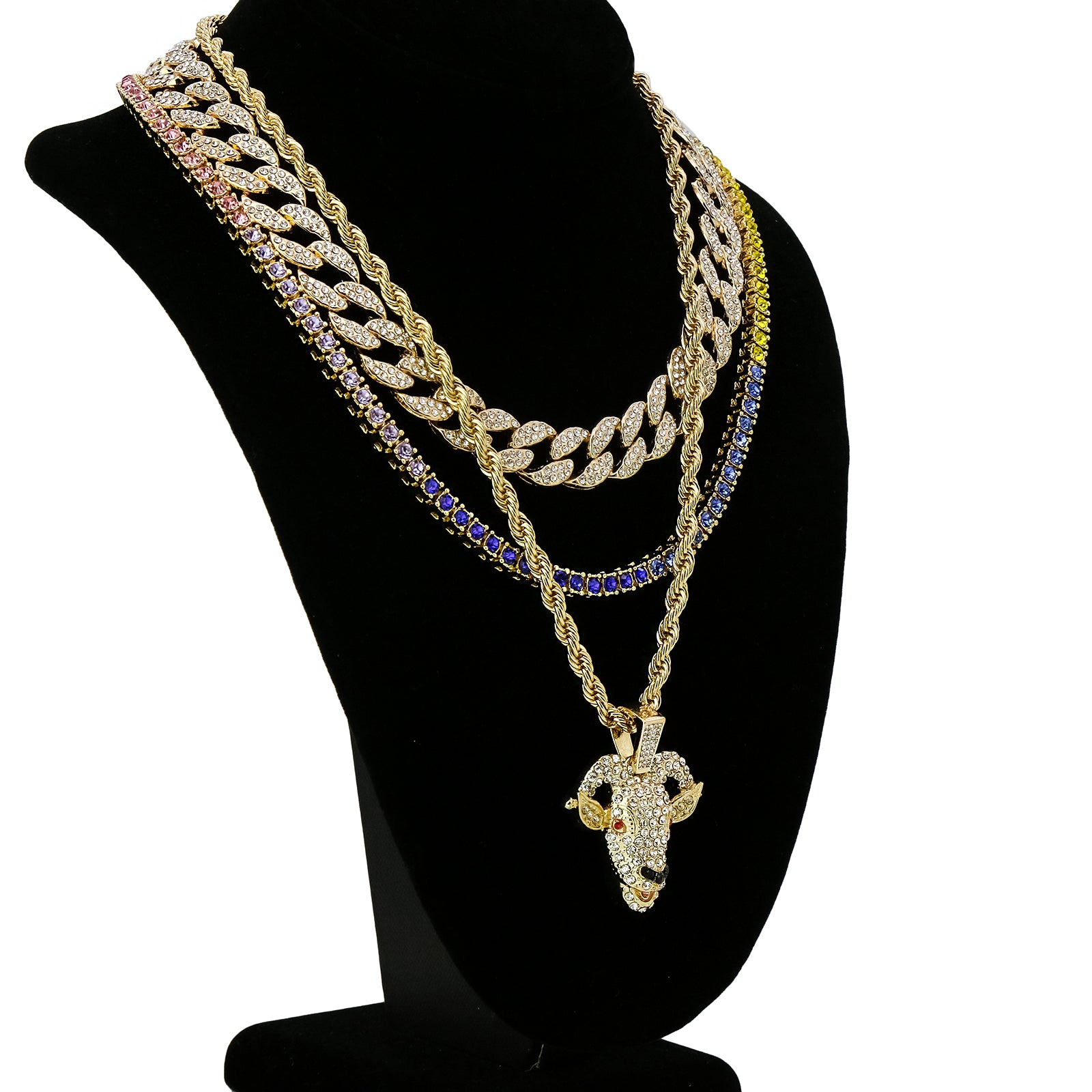 Goat 4 Pcs Set Cuban, Tennis & Rope Chain Bundle Gold PT