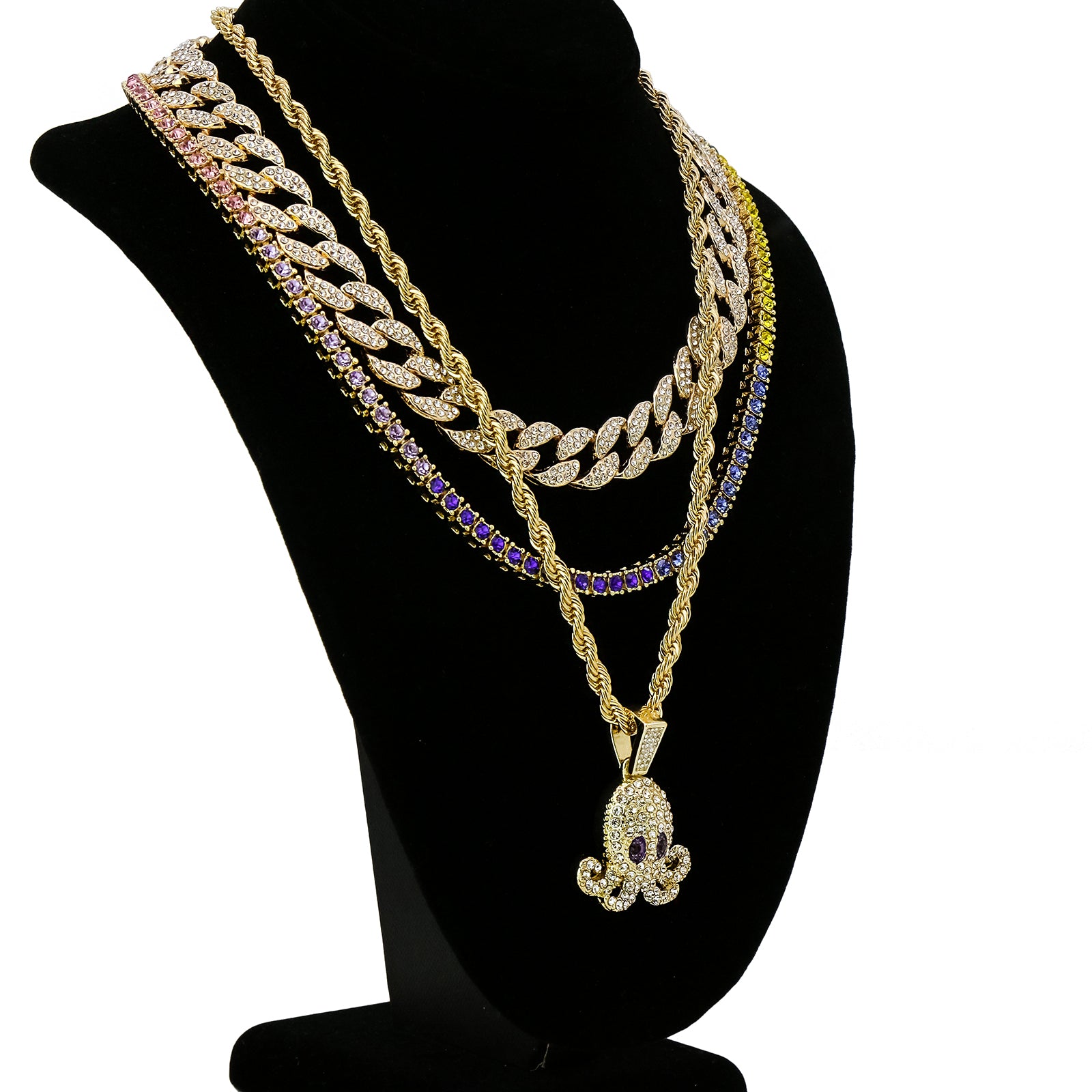 Squid 4 Pcs Set Cuban, Tennis & Rope Chain Bundle Gold PT