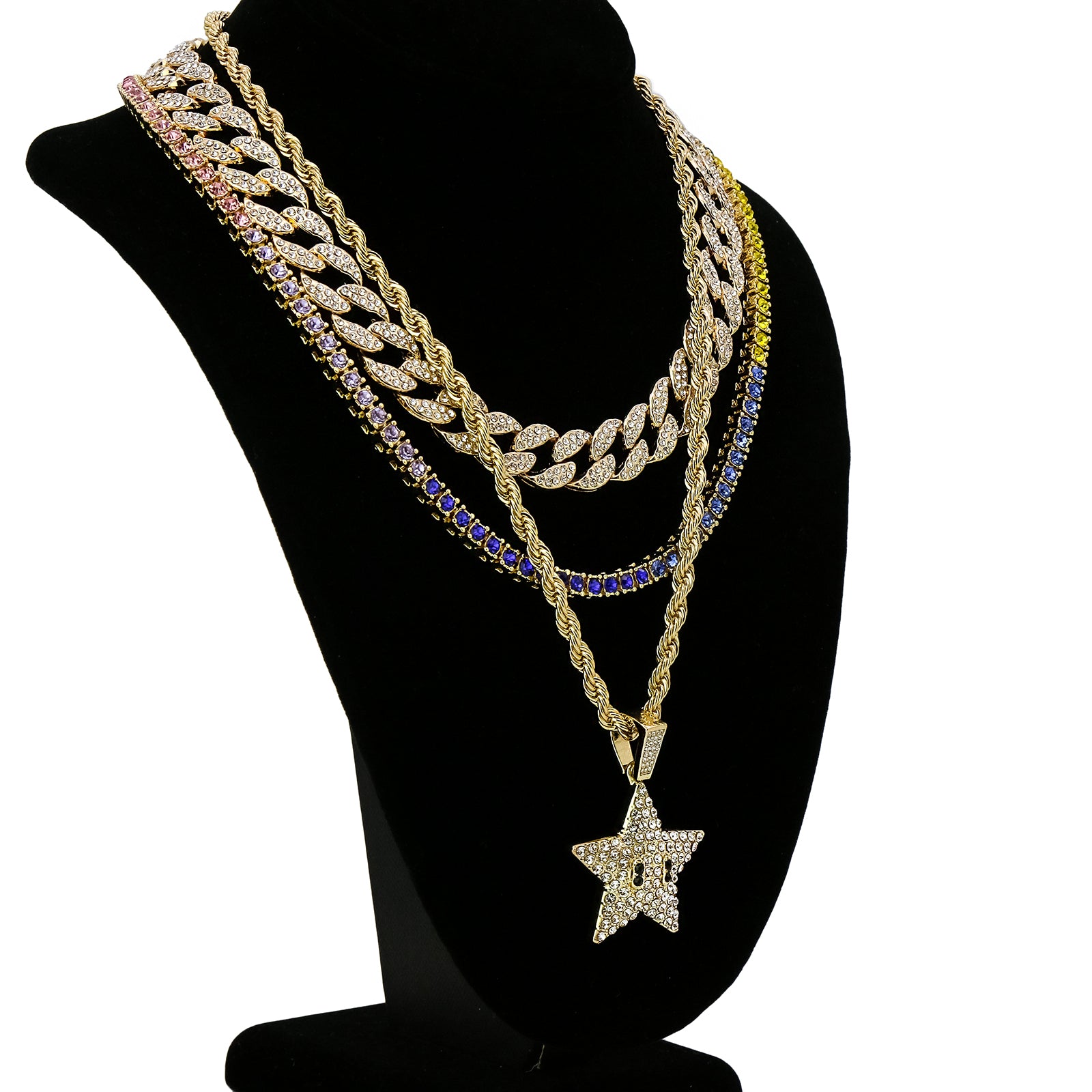 Star 4 Pcs Set Cuban, Tennis & Rope Chain Bundle Gold PT