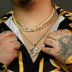 High Fashion Gold Plated AB Cuban Tennis Chains & Fully Cz Shark Flooded Pendant