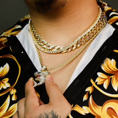 High Fashion Gold Plated AB Cuban Tennis Chains & Fully Cz Shark Flooded Pendant