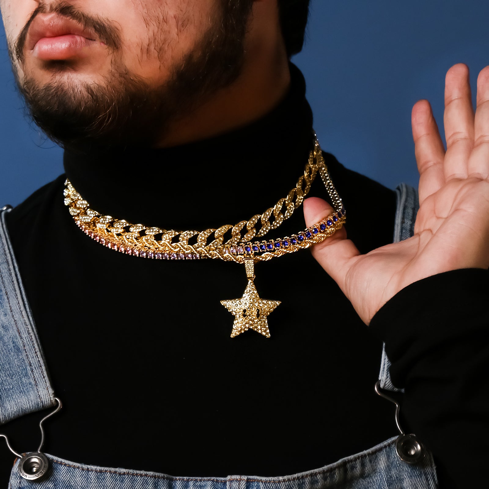 Star 4 Pcs Set Cuban, Tennis & Rope Chain Bundle Gold PT