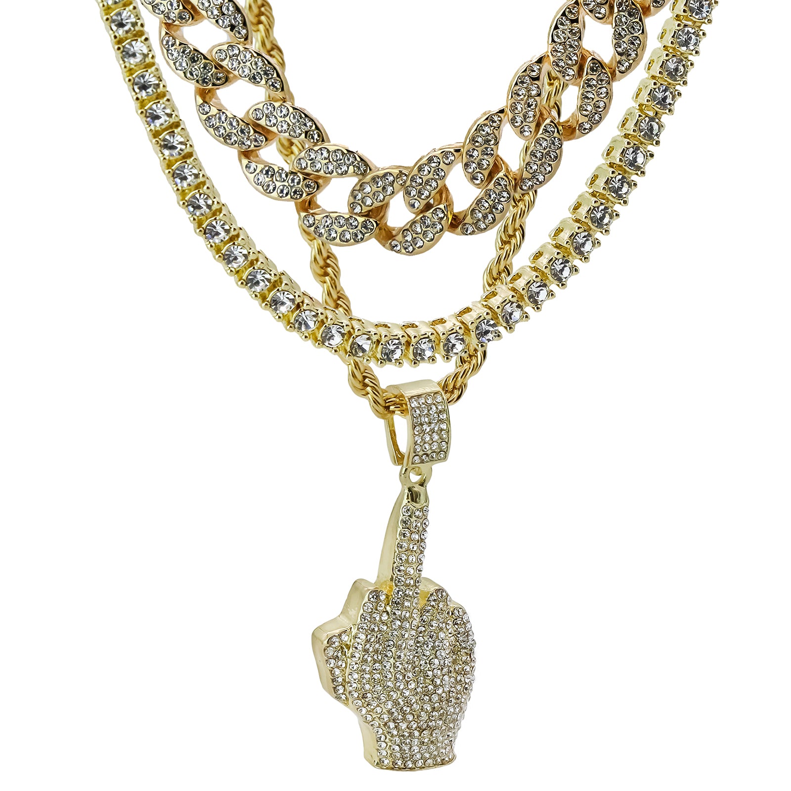 Middle Finger 4 Pcs Set Clear Cz Cuban, Tennis & Rope Chain Bundle Gold PT