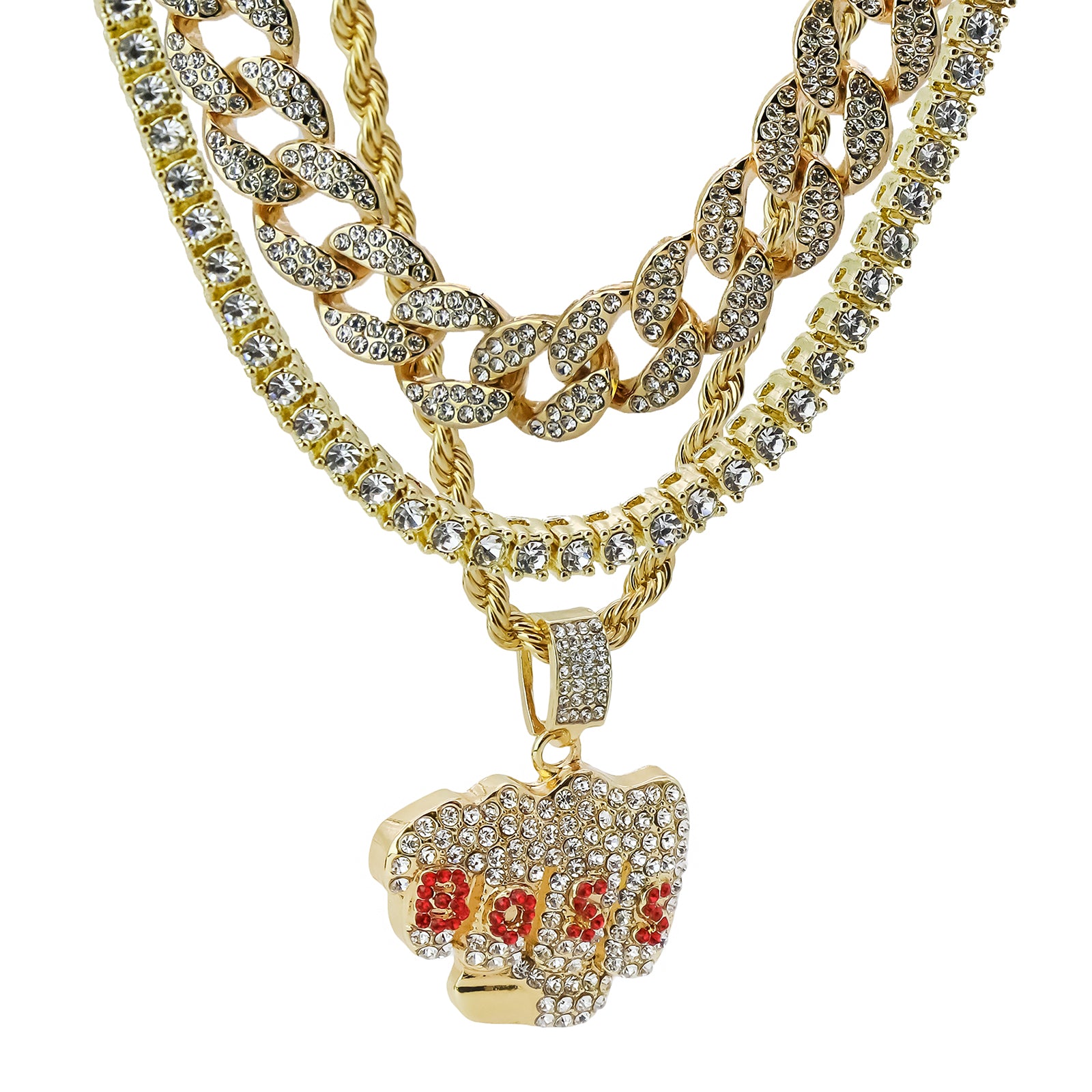 Boss Fist 4 Pcs Set Clear Cz Cuban, Tennis & Rope Chain Bundle Gold PT