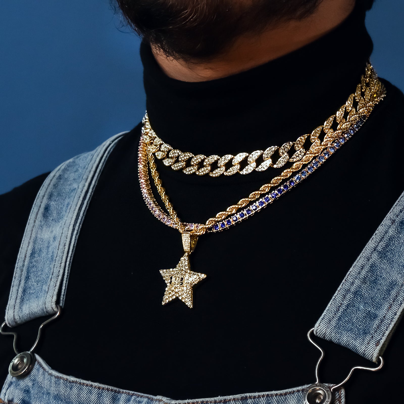 Star 4 Pcs Set Cuban, Tennis & Rope Chain Bundle Gold PT