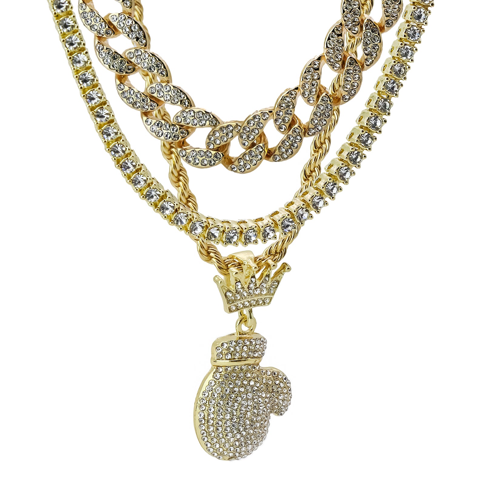Boxing Glove Crown 4 Pcs Set Clear Cz Cuban, Tennis & Rope Chain Bundle Gold PT