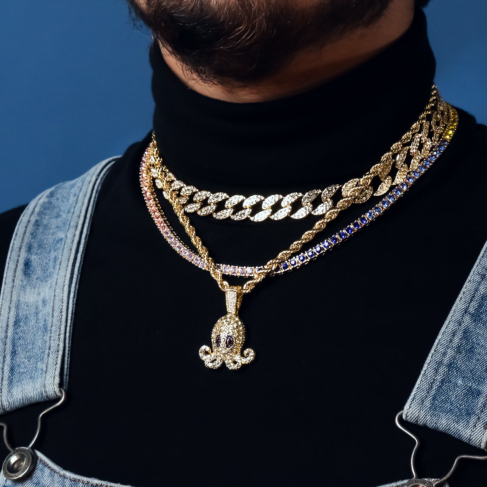 Squid 4 Pcs Set Cuban, Tennis & Rope Chain Bundle Gold PT