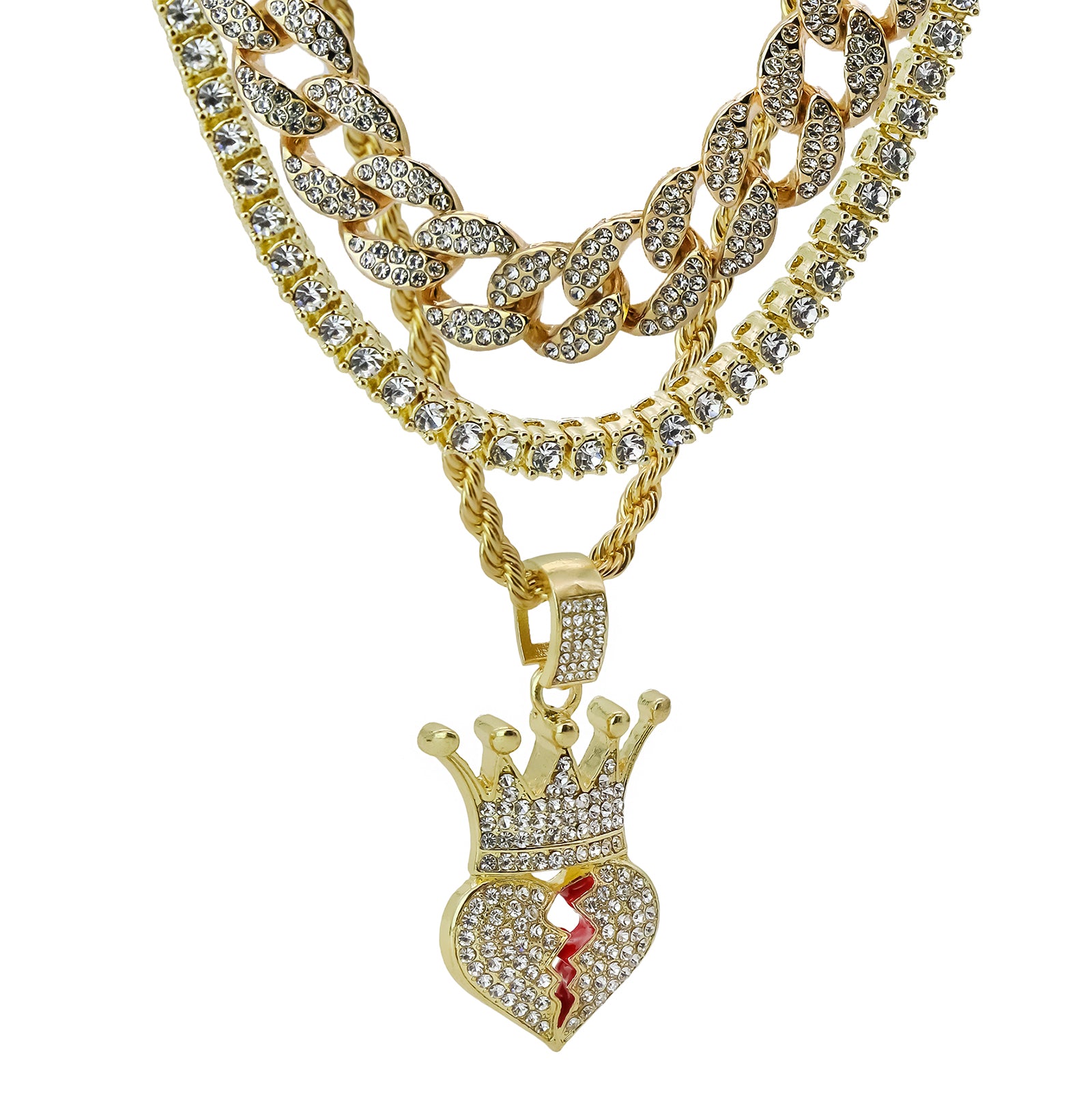 Heart Crown 4 Pcs Set Clear Cz Cuban, Tennis & Rope Chain Bundle Gold PT