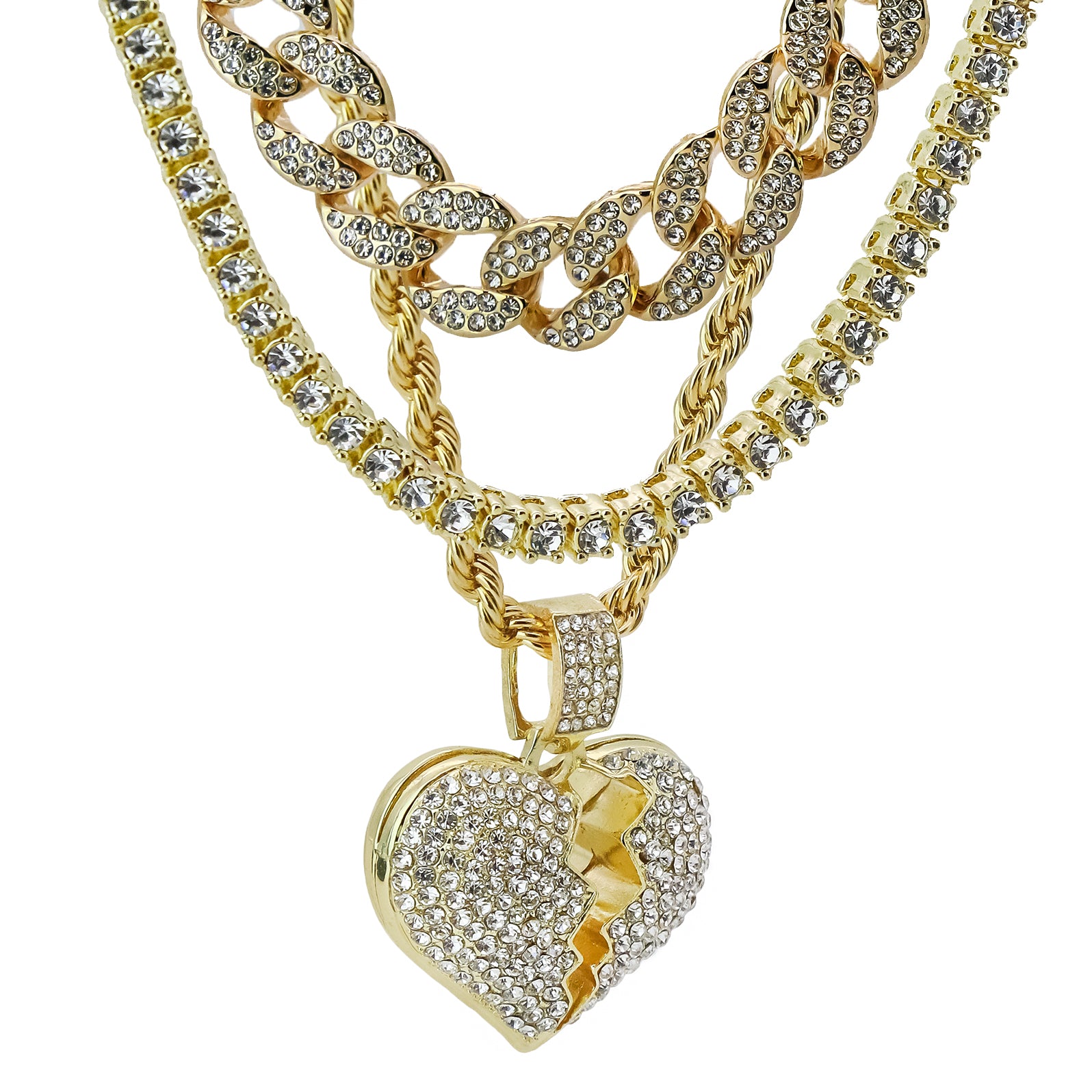 Broken Heart 4 Pcs Set Clear Cz Cuban, Tennis & Rope Chain Bundle Gold PT