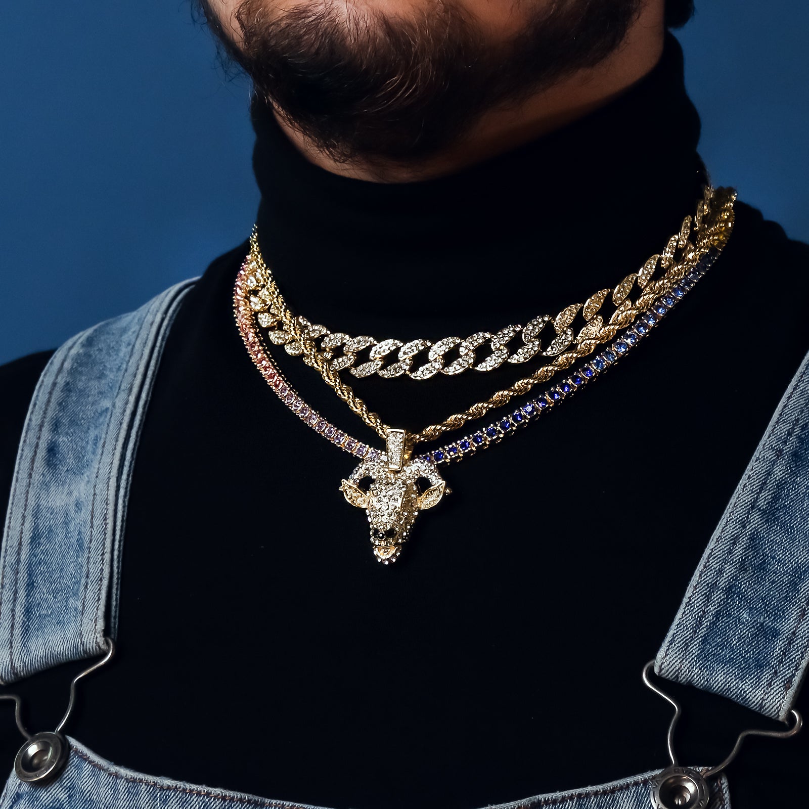 Goat 4 Pcs Set Cuban, Tennis & Rope Chain Bundle Gold PT
