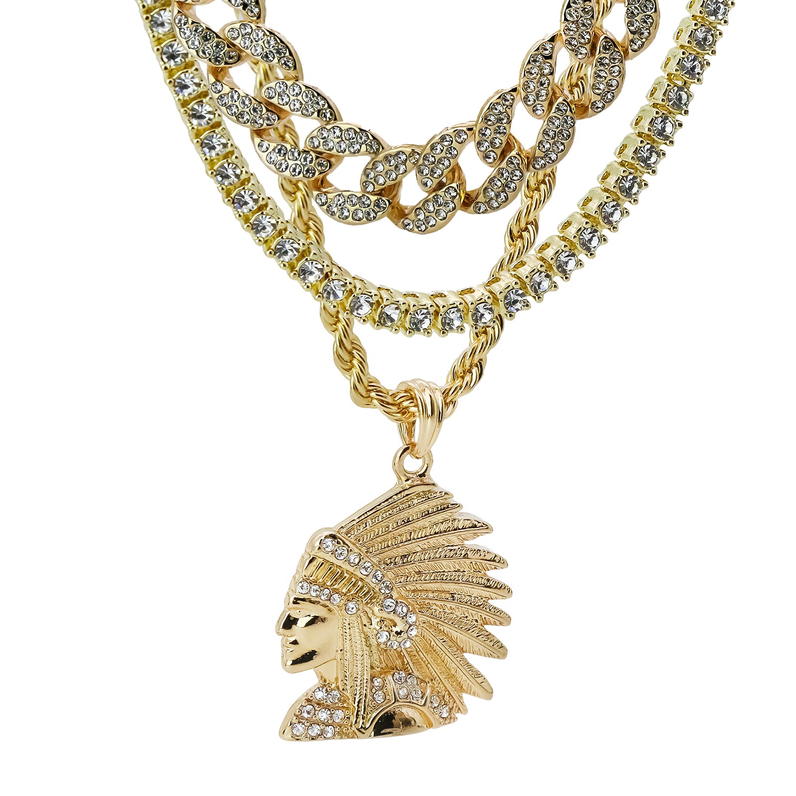 Chief Head 4 Pcs Set Clear Cz Cuban, Tennis & Rope Chain Bundle Gold PT