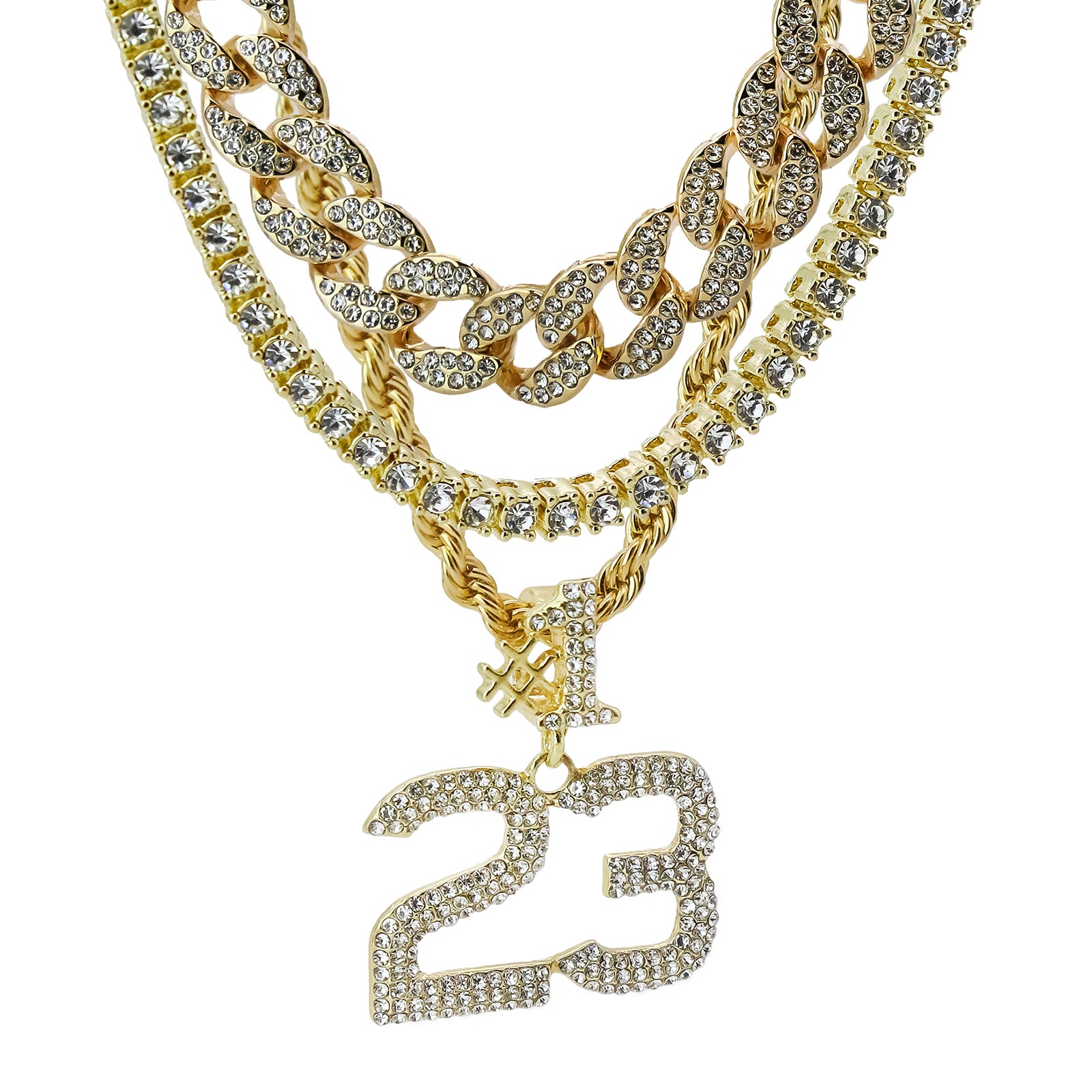 #23 4 Pcs Set Clear Cz Cuban, Tennis & Rope Chain Bundle Gold PT