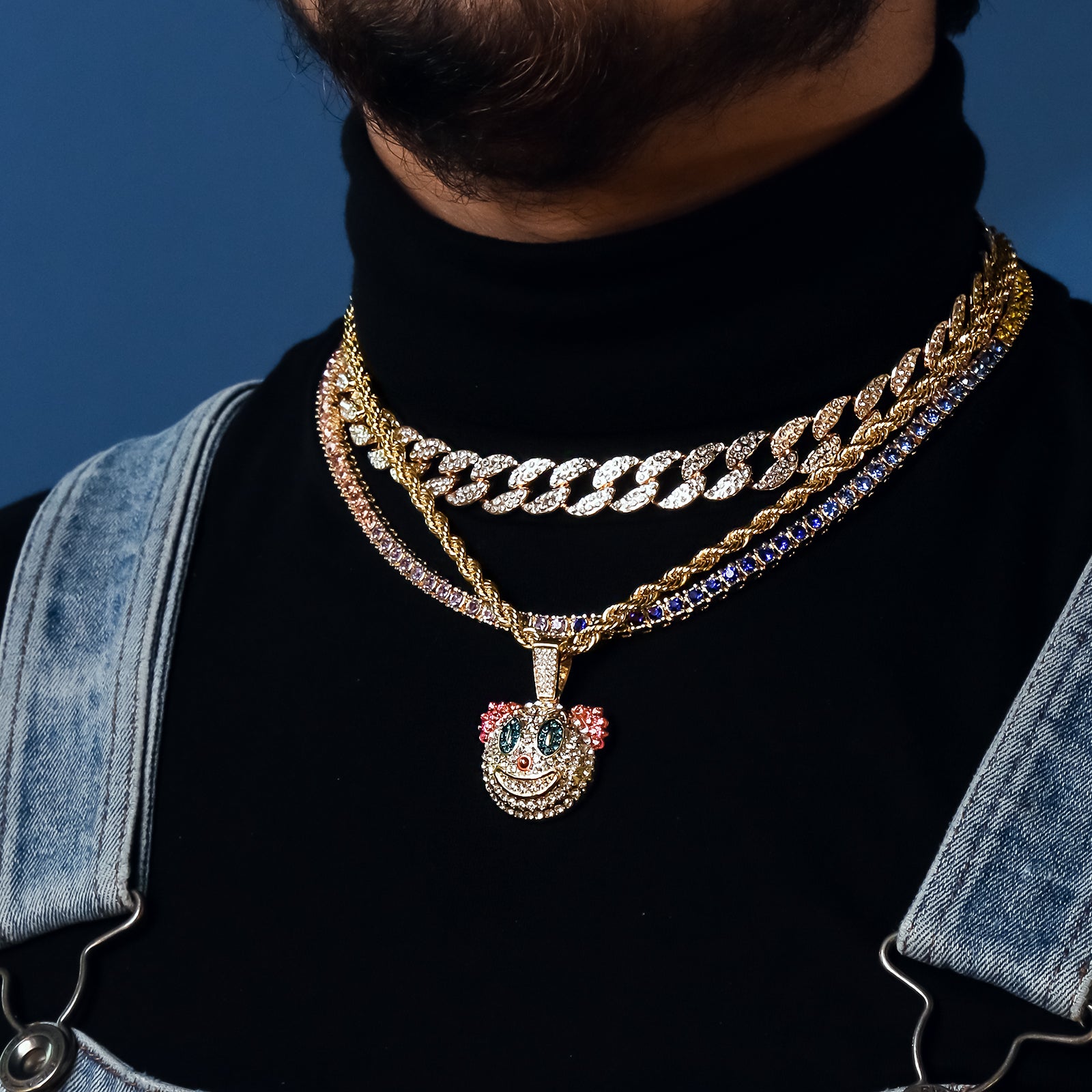 Clown 4 Pcs Set Cuban, Tennis & Rope Chain Bundle Gold PT