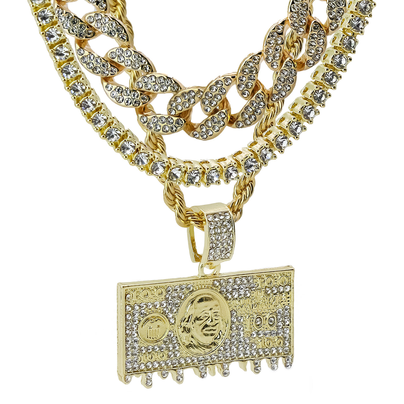 $100 Dollar Bill 4 Pcs Set Clear Cz Cuban, Tennis & Rope Chain Bundle Gold PT