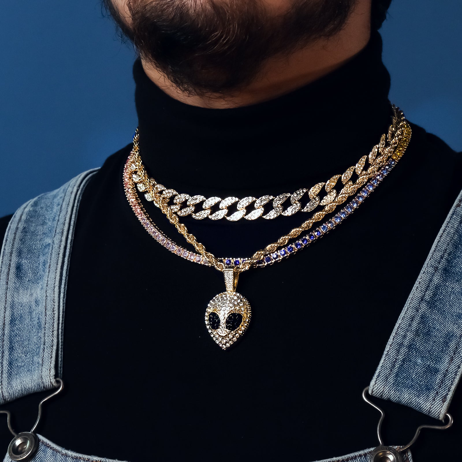 Alien Fcae 4 Pcs Set Cuban, Tennis & Rope Chain Bundle Gold PT