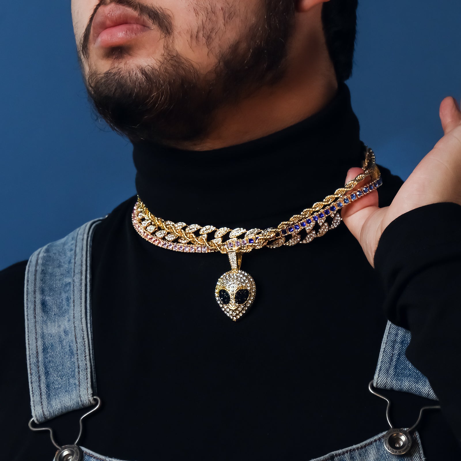 Alien Fcae 4 Pcs Set Cuban, Tennis & Rope Chain Bundle Gold PT