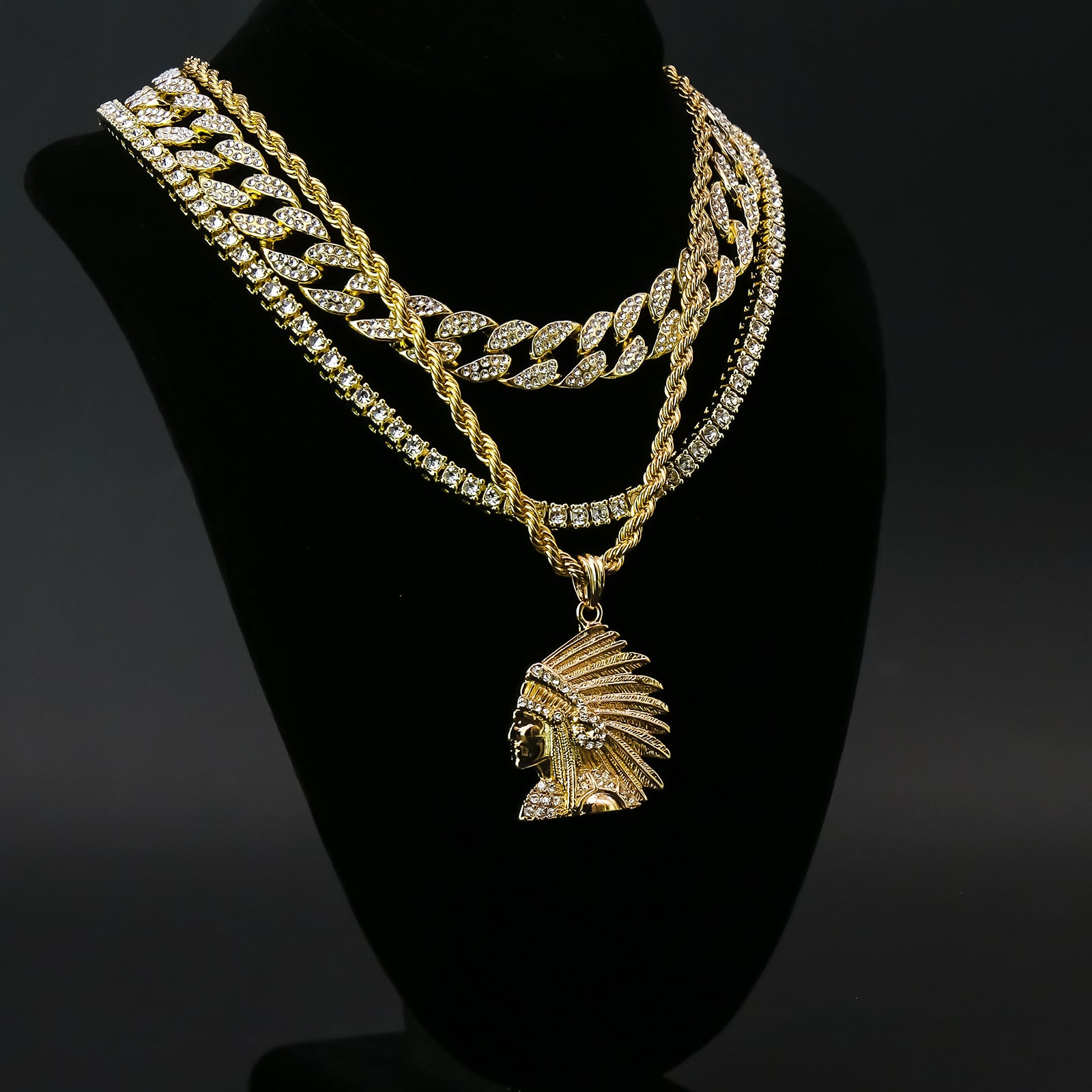 Chief Head 4 Pcs Set Clear Cz Cuban, Tennis & Rope Chain Bundle Gold PT