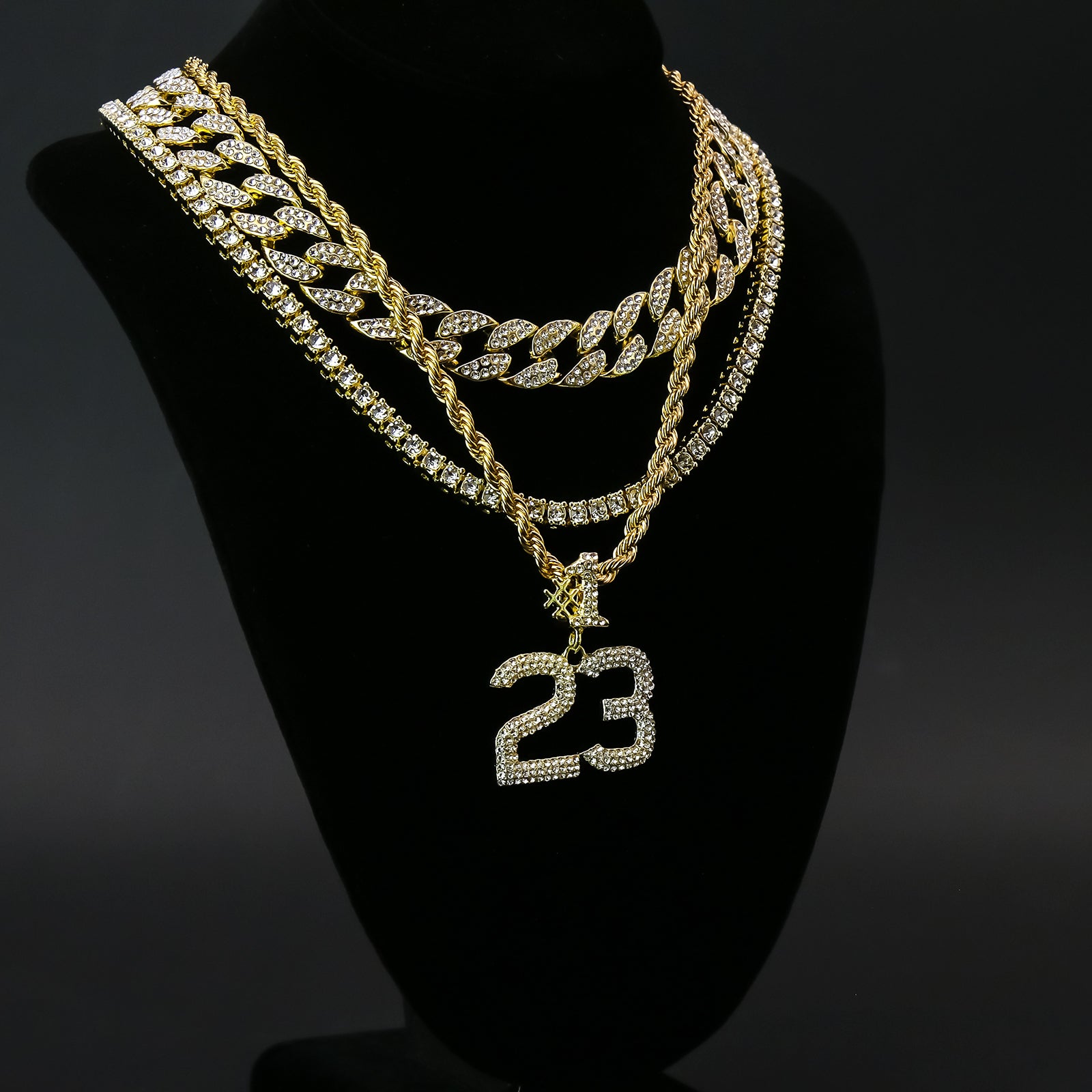 #23 4 Pcs Set Clear Cz Cuban, Tennis & Rope Chain Bundle Gold PT