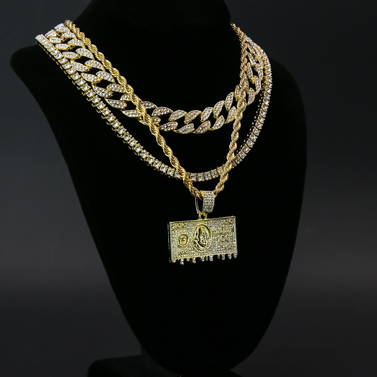 $100 Dollar Bill 4 Pcs Set Clear Cz Cuban, Tennis & Rope Chain Bundle Gold PT
