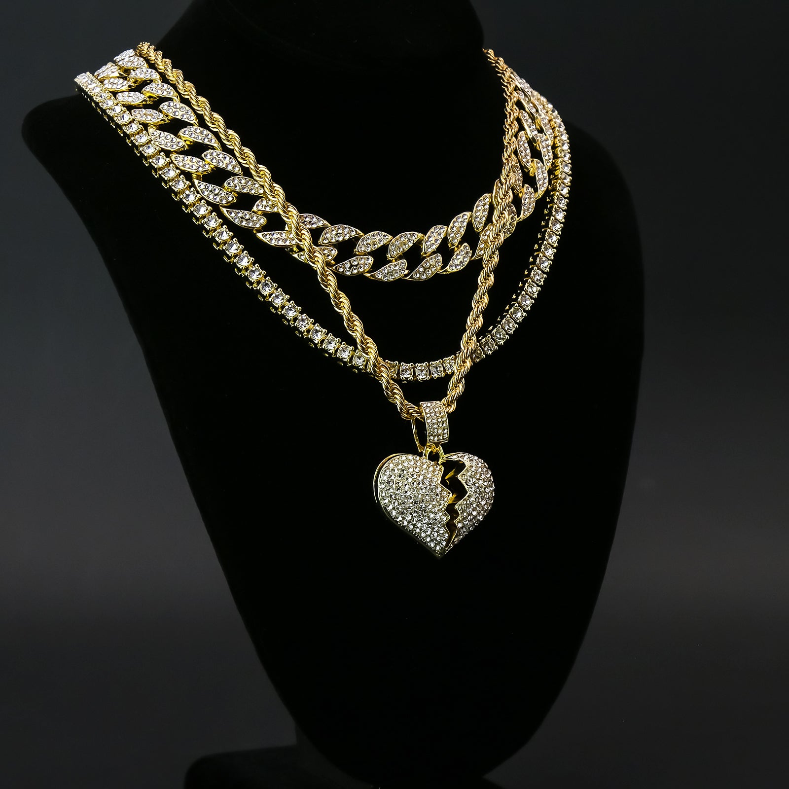 Broken Heart 4 Pcs Set Clear Cz Cuban, Tennis & Rope Chain Bundle Gold PT