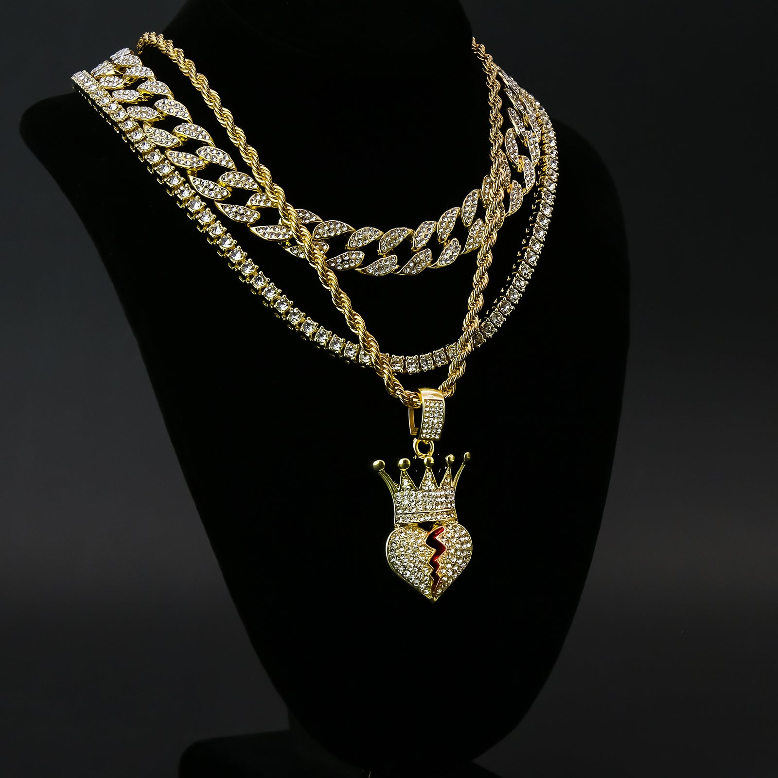 Heart Crown 4 Pcs Set Clear Cz Cuban, Tennis & Rope Chain Bundle Gold PT
