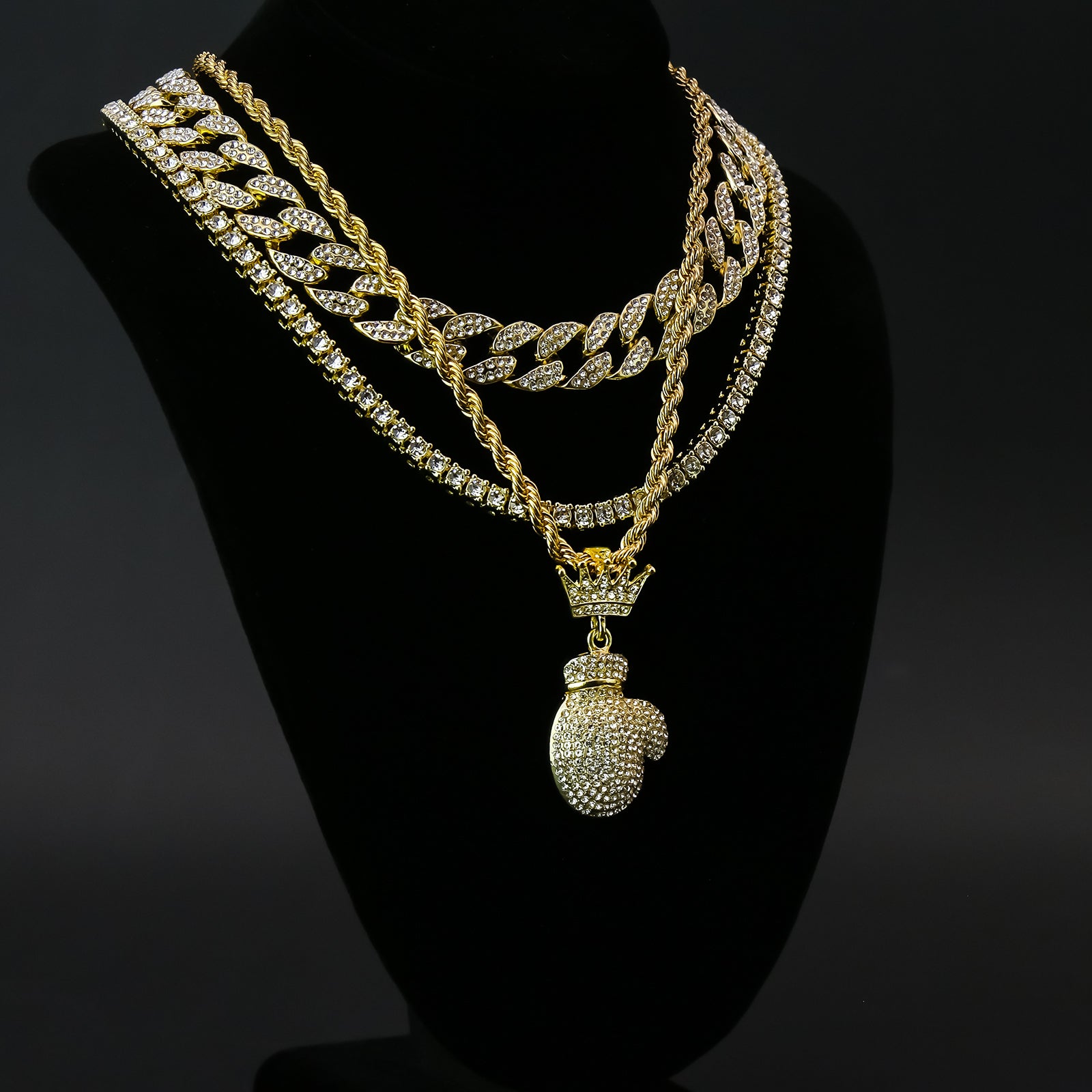 Boxing Glove Crown 4 Pcs Set Clear Cz Cuban, Tennis & Rope Chain Bundle Gold PT