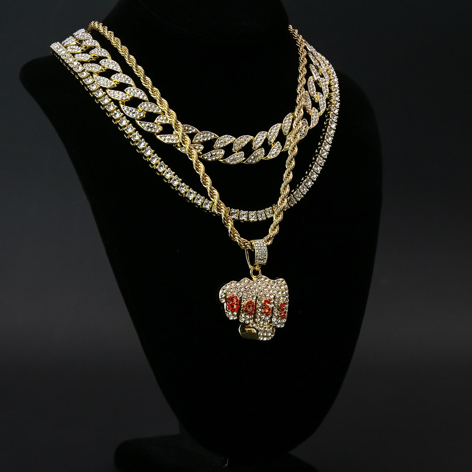 Boss Fist 4 Pcs Set Clear Cz Cuban, Tennis & Rope Chain Bundle Gold PT