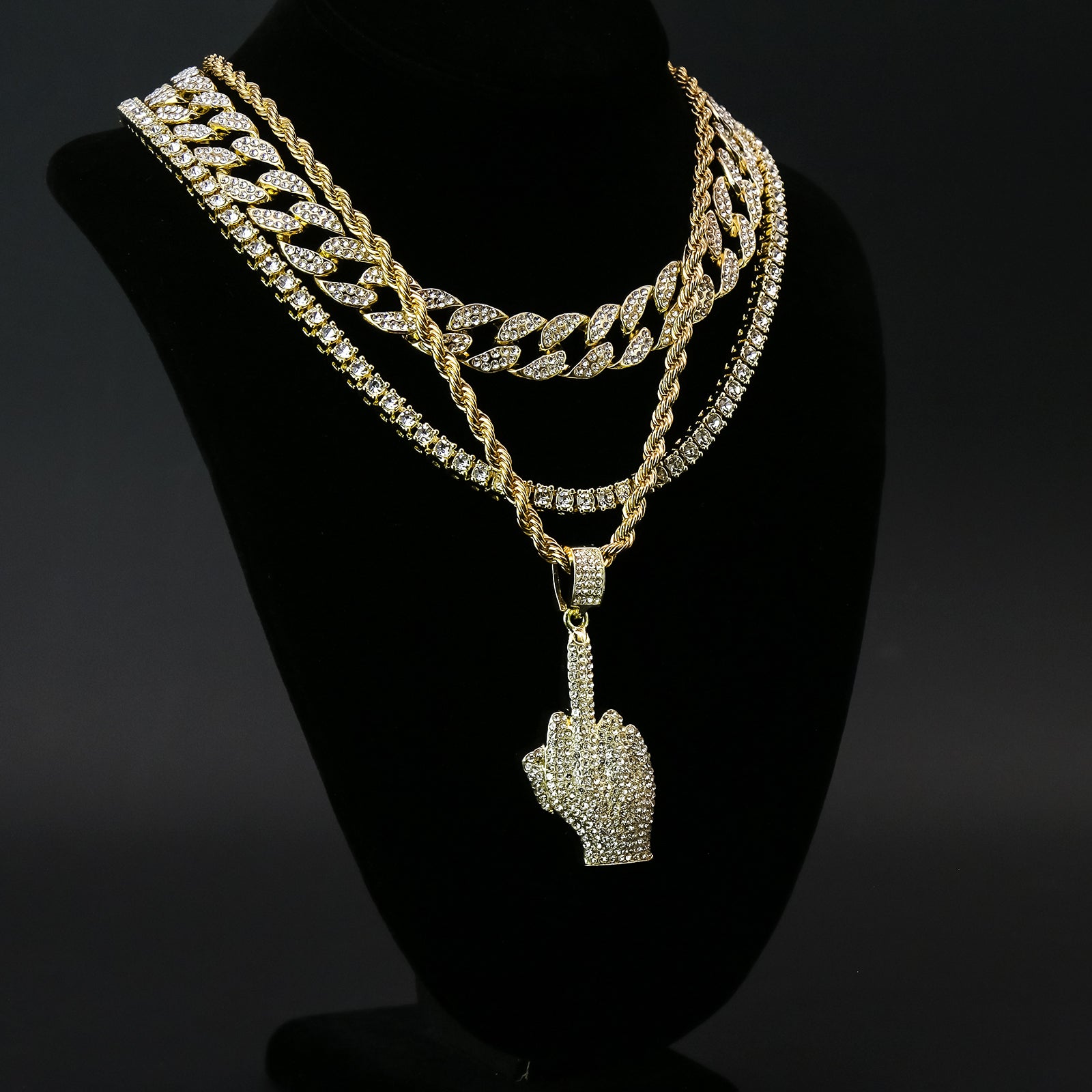 Middle Finger 4 Pcs Set Clear Cz Cuban, Tennis & Rope Chain Bundle Gold PT