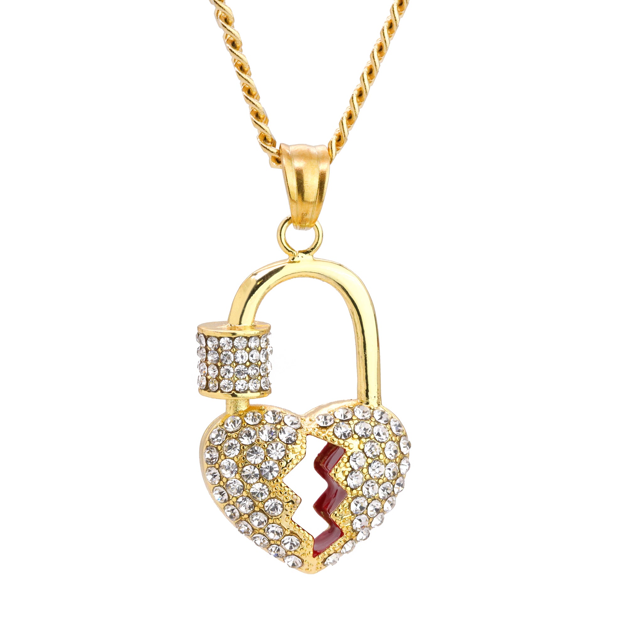 Lock Broken Heart Pendant 24" Cuban Chain Hip Hop Style 18k Gold Stainless Steel