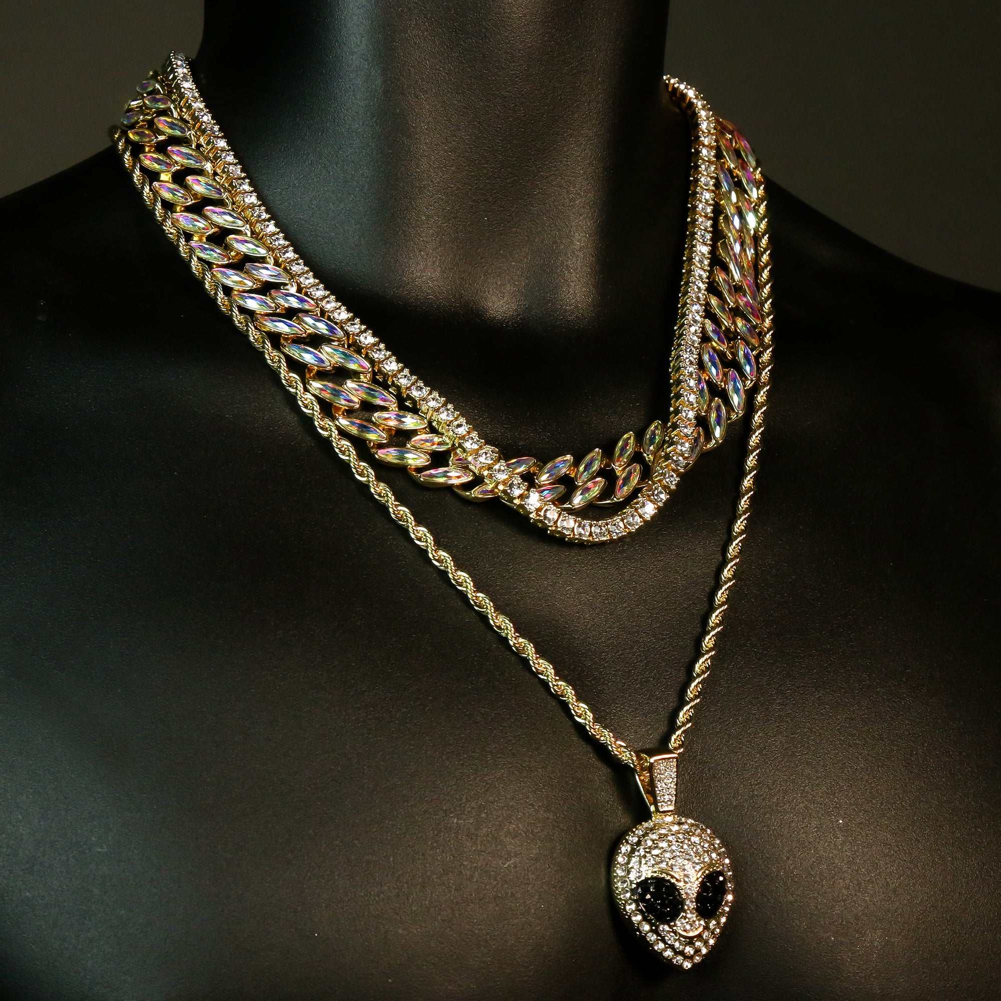 High Fashion Gold Plated AB Cuban Tennis Chains & Cz Alien Head Pendant