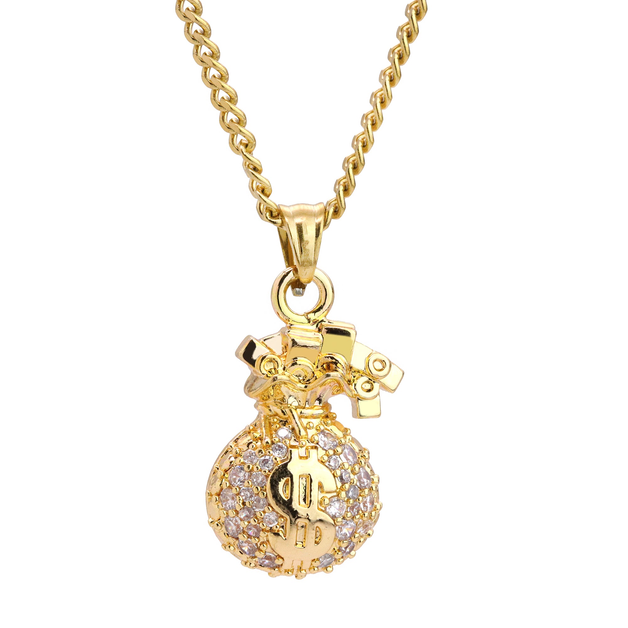 Money Bag Pendant 24" Cuban Chain Hip Hop Style 18k Gold Stainless Steel