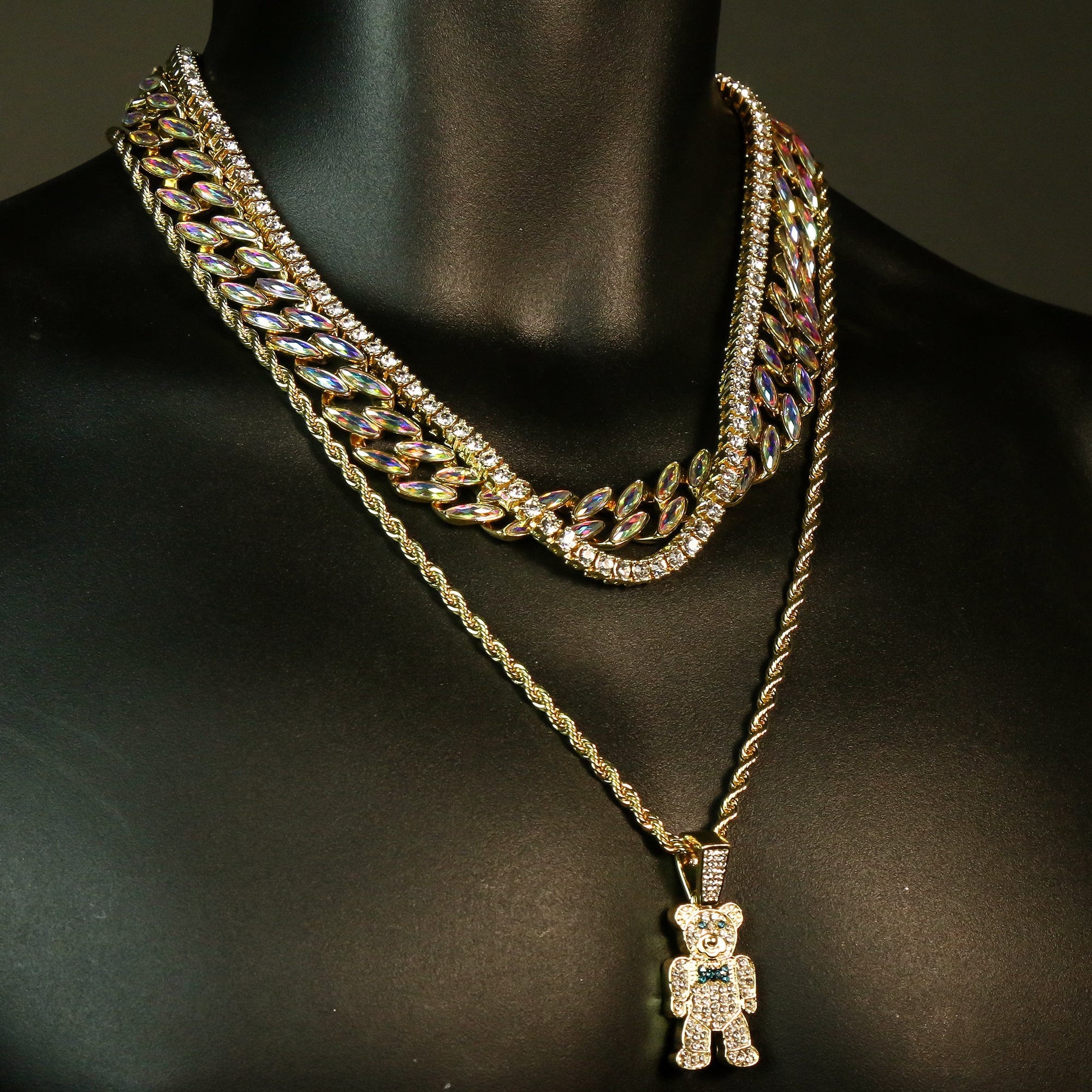 High Fashion Gold Plated AB Cuban Tennis Chains & Cz Bear Tie Pendant