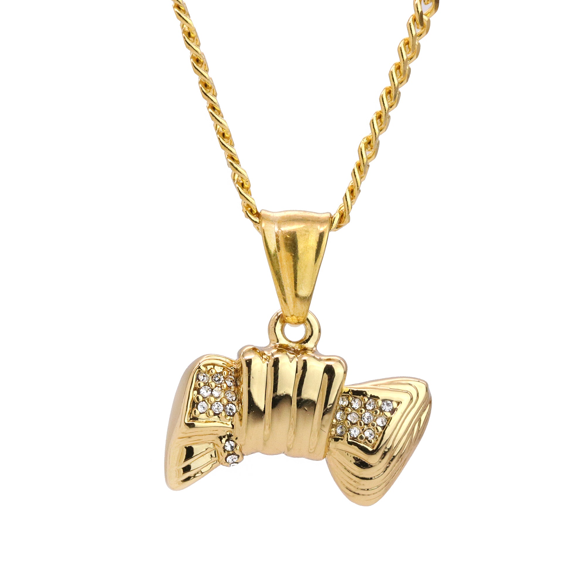 Iced Bowtie Pendant 24" Cuban Chain Hip Hop Style 18k Gold Stainless Steel