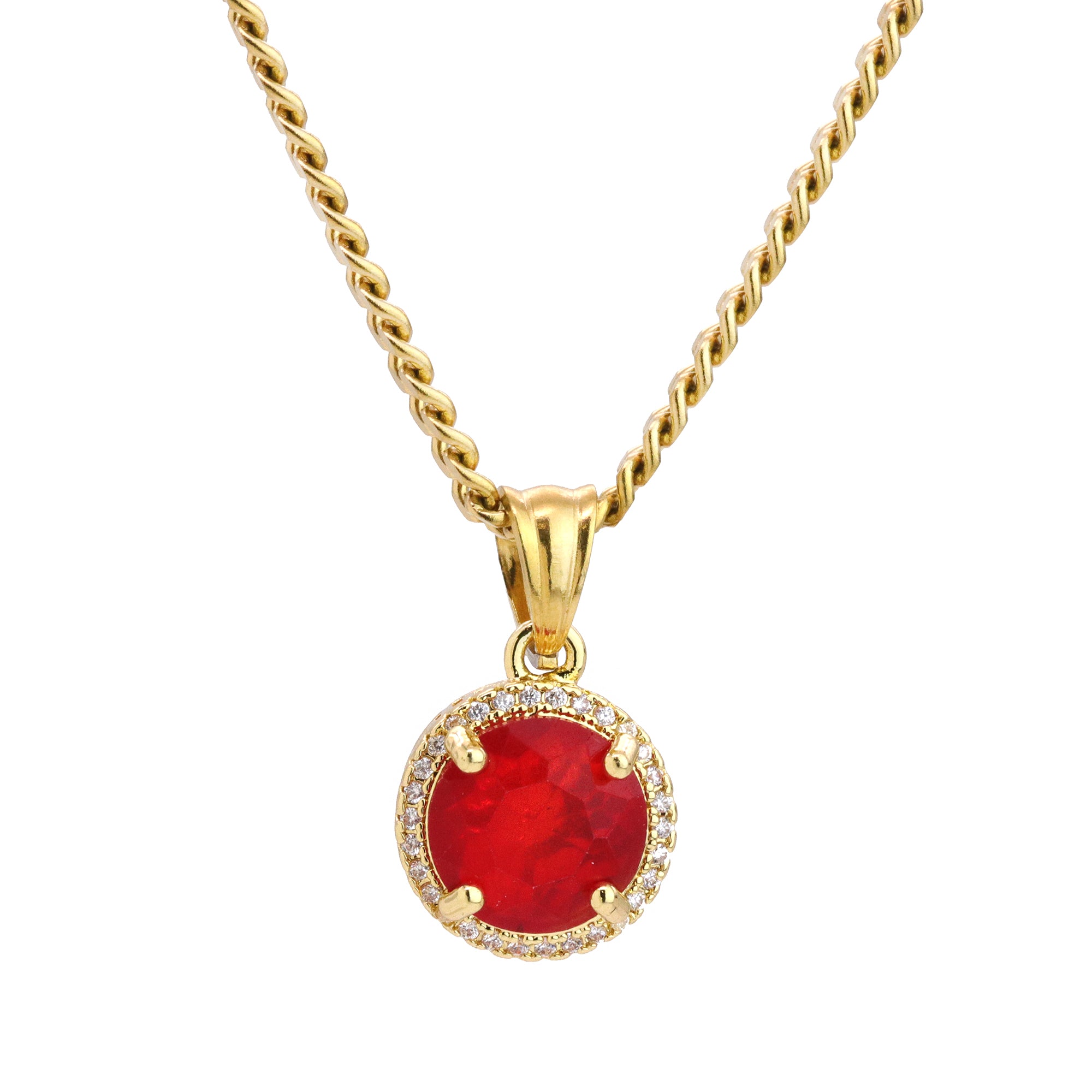 Red Round Ruby Pendant 24" Cuban Chain Hip Hop Style 18k Gold Stainless Steel