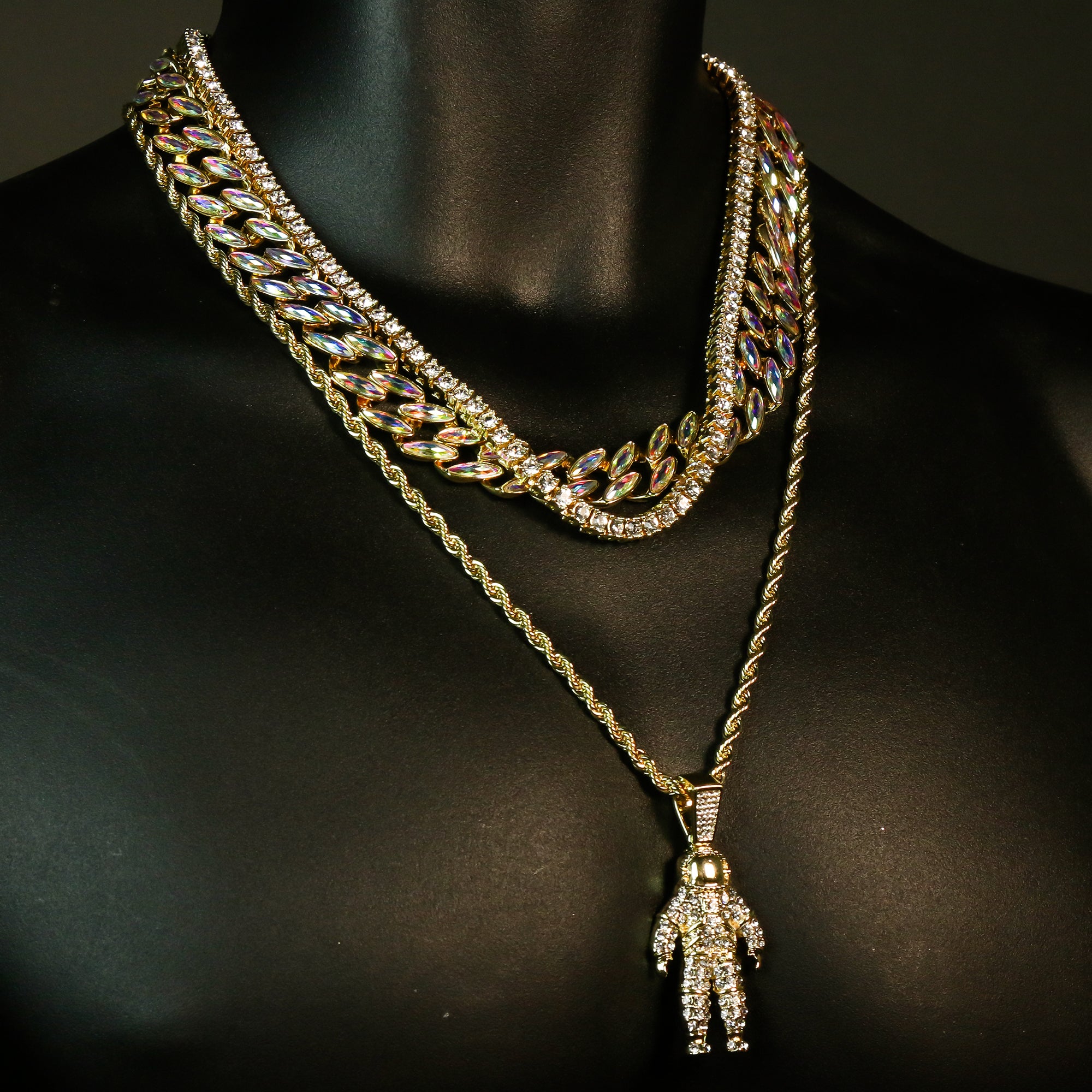 High Fashion Gold Plated AB Cuban Tennis Chains & Cz Space Man Astronaut Pendant