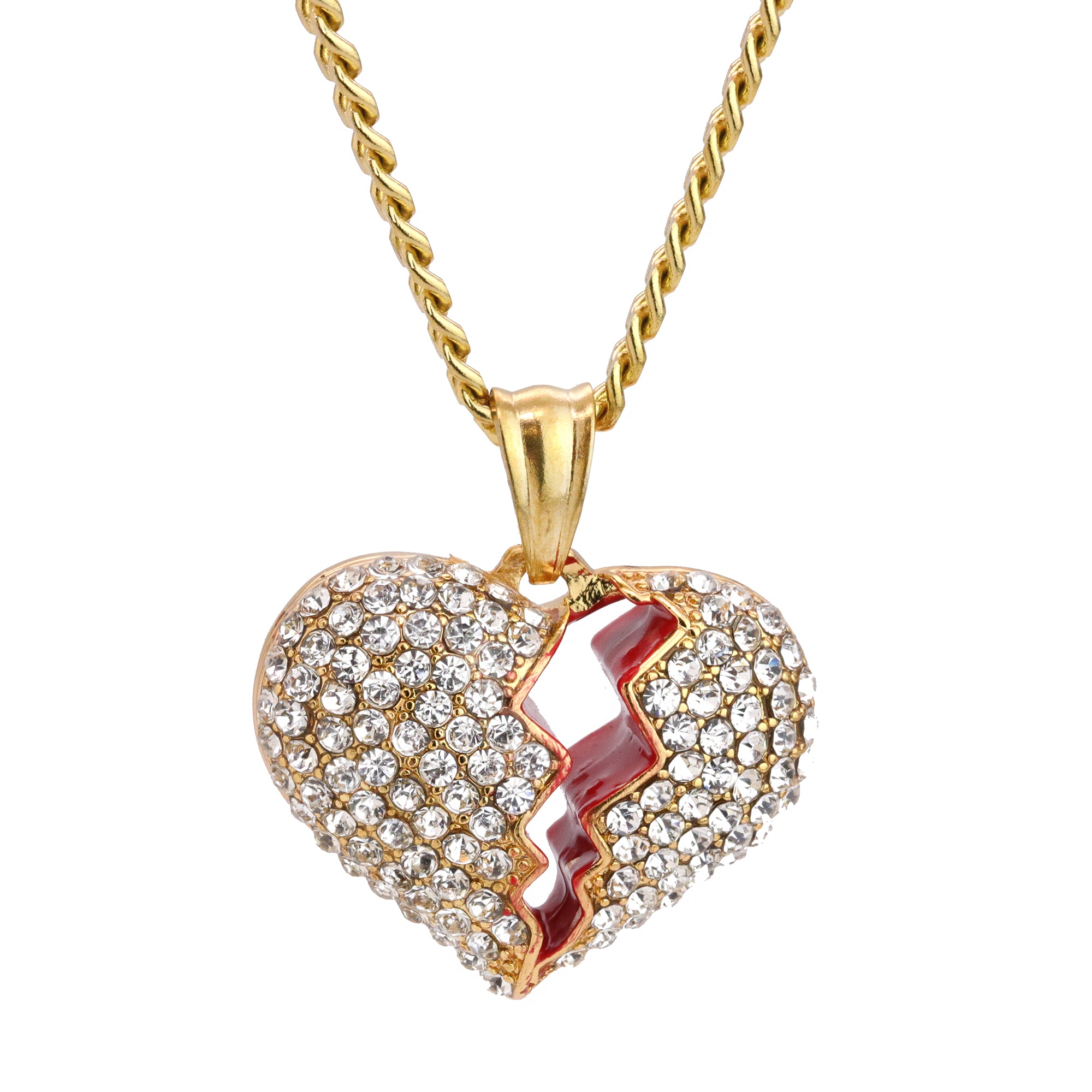 Broken Heart Pendant 24" Cuban Chain Hip Hop Style 18k Gold Stainless Steel