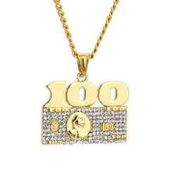 100 Dollar Bill Pendant 24" Cuban Chain Hip Hop Style 18k Gold Stainless Steel