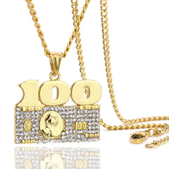 100 Dollar Bill Pendant 24" Cuban Chain Hip Hop Style 18k Gold Stainless Steel