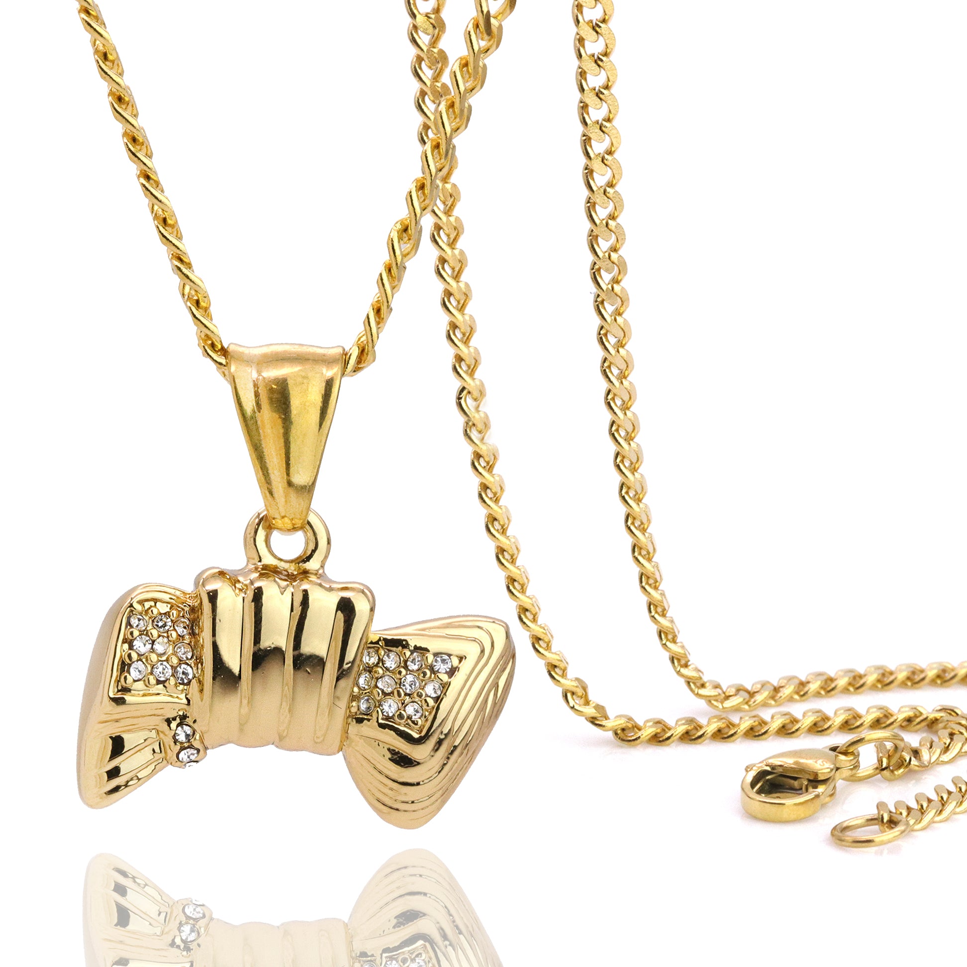 Iced Bowtie Pendant 24" Cuban Chain Hip Hop Style 18k Gold Stainless Steel