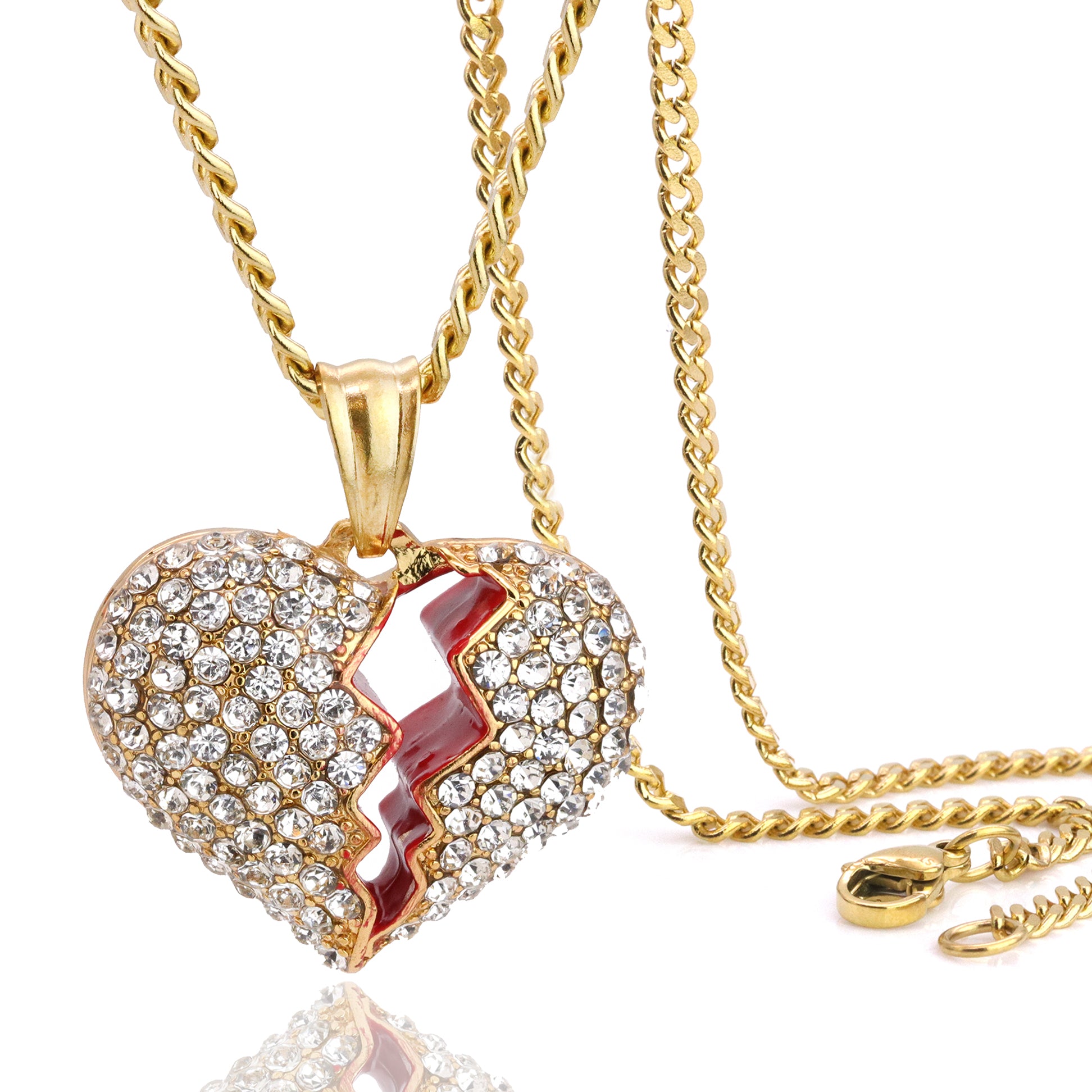 Broken Heart Pendant 24" Cuban Chain Hip Hop Style 18k Gold Stainless Steel