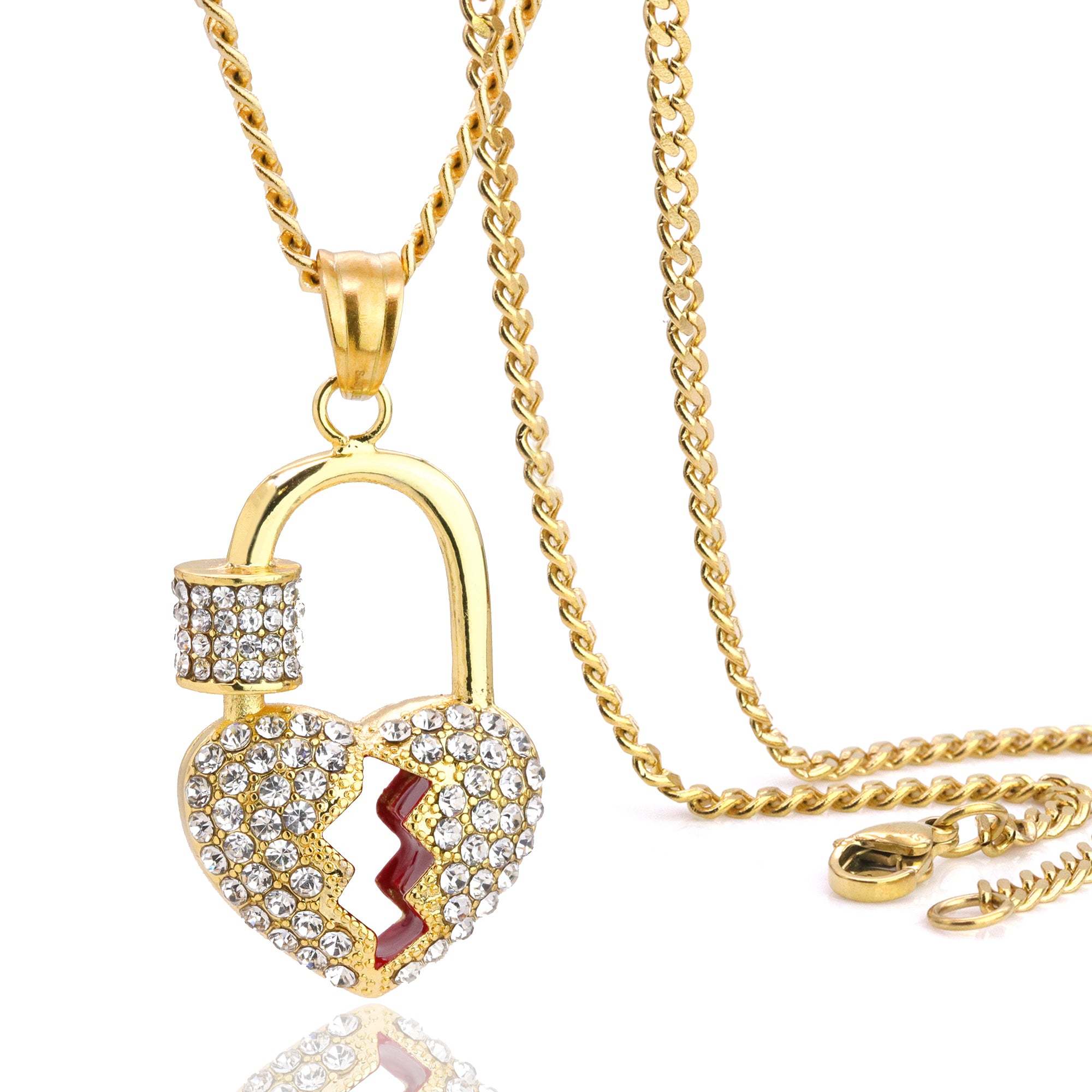 Lock Broken Heart Pendant 24" Cuban Chain Hip Hop Style 18k Gold Stainless Steel