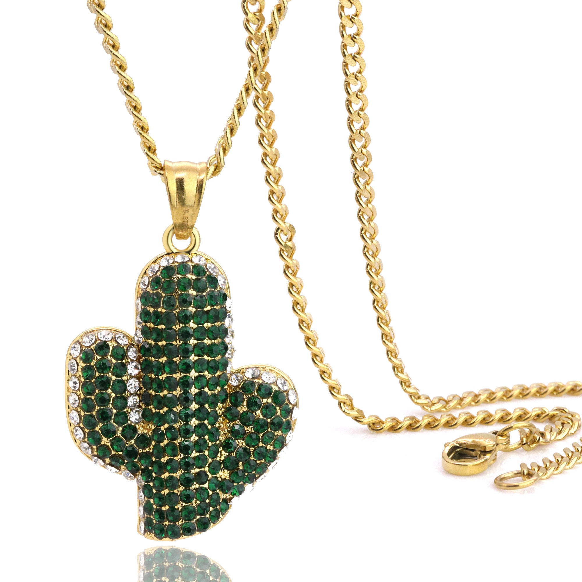 Green Cactus Pendant 24" Cuban Chain Hip Hop Style 18k Gold Stainless Steel
