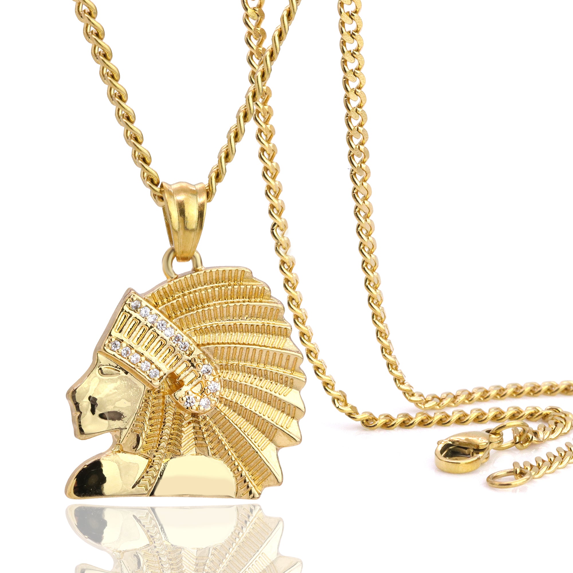 Indian Chief Pendant 24" Cuban Chain Hip Hop Style 18k Gold Stainless Steel