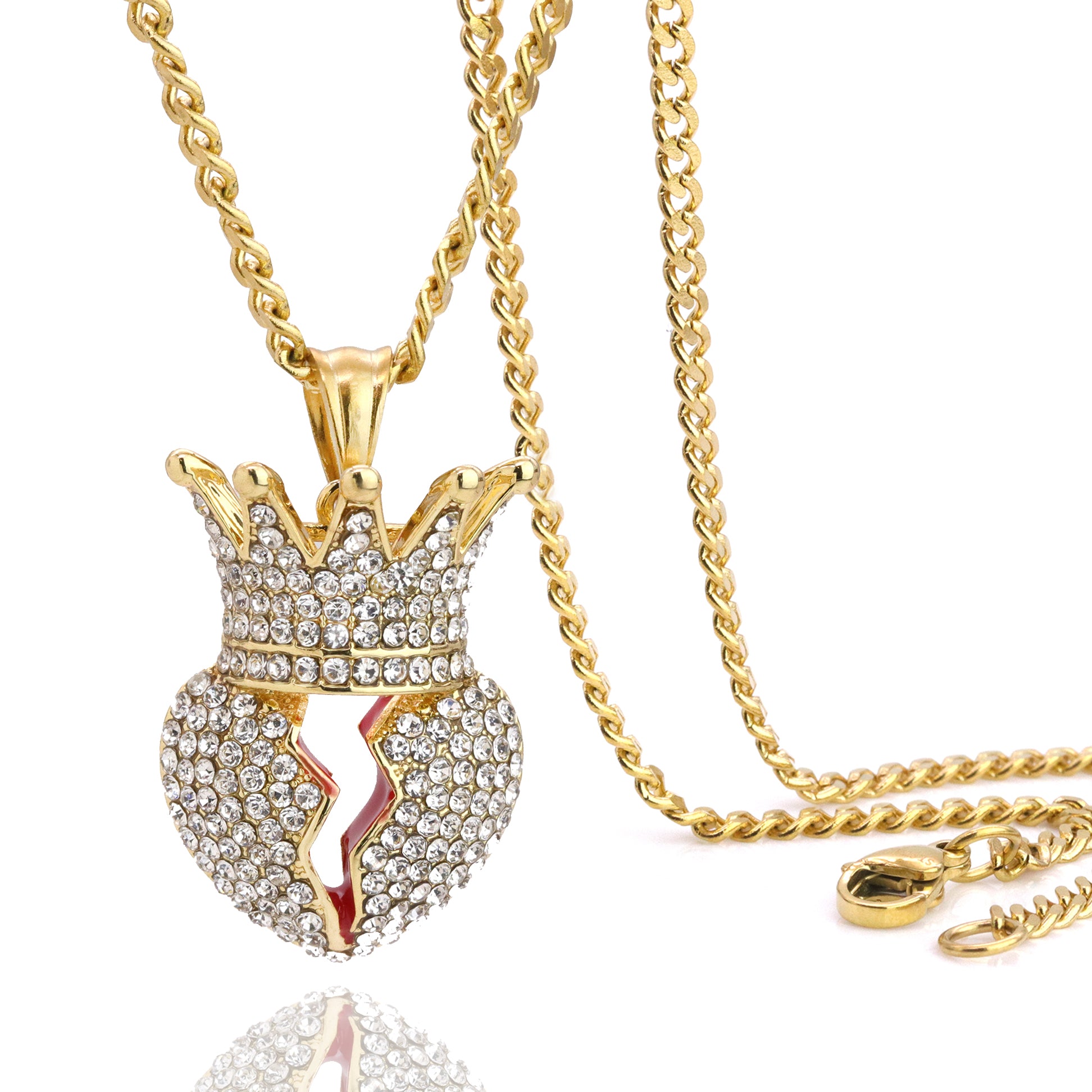 Crowned Broken Heart Pendant 24" Cuban Chain Hip Hop Style 18k Gold Stainless Steel
