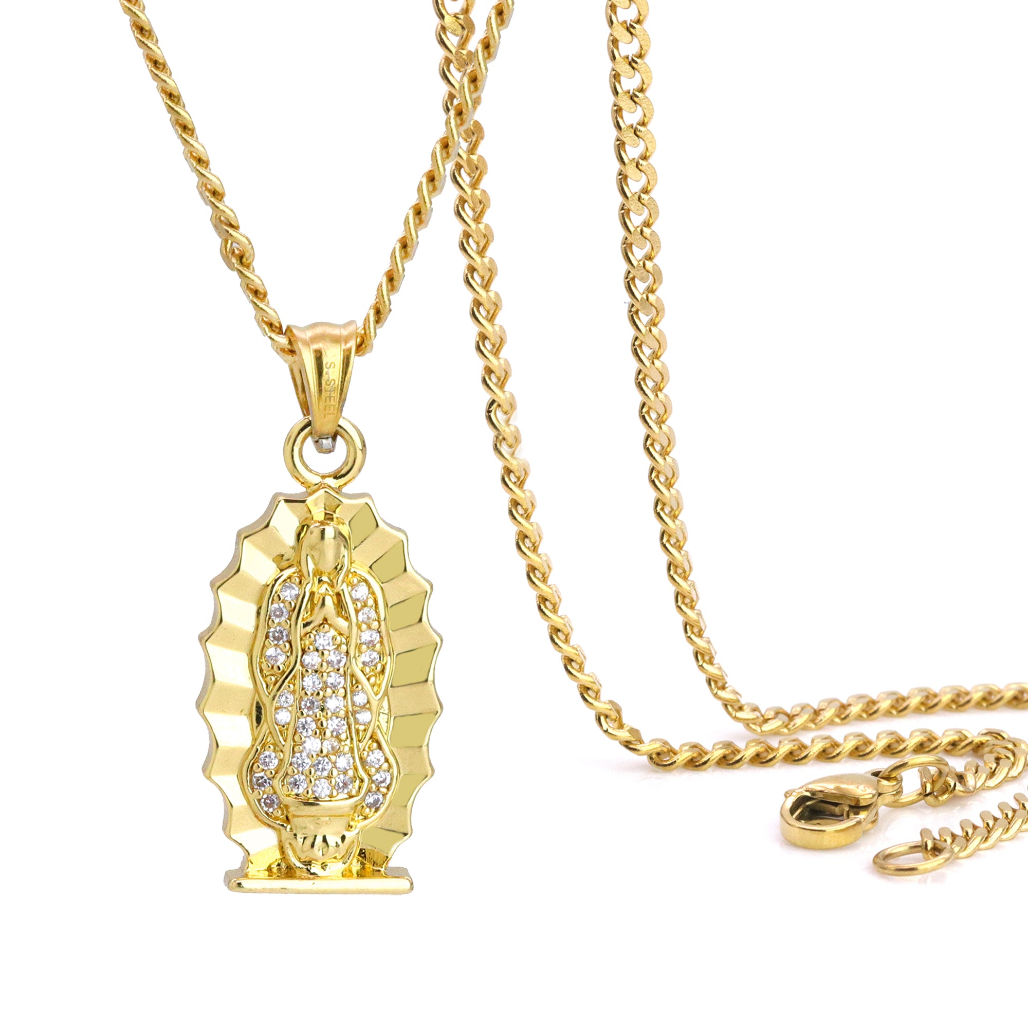 Guadalupe Virgin Pendant 24" Cuban Chain Hip Hop Style 18k Gold Stainless Steel