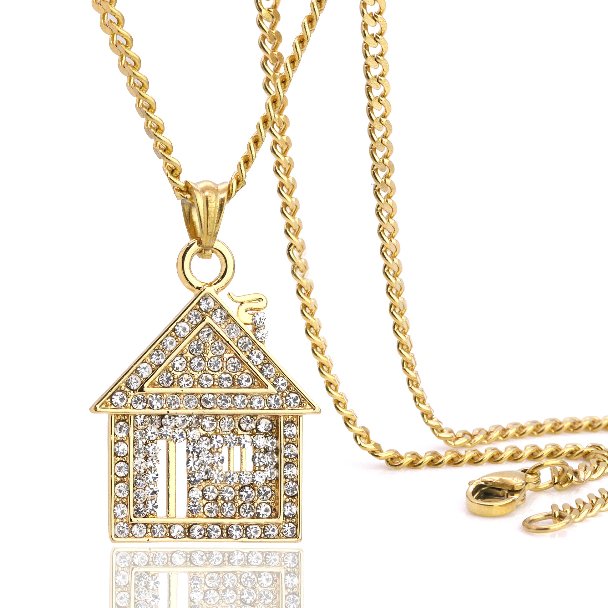 Trap House Pendant 24" Cuban Chain Hip Hop Style 18k Gold Stainless Steel