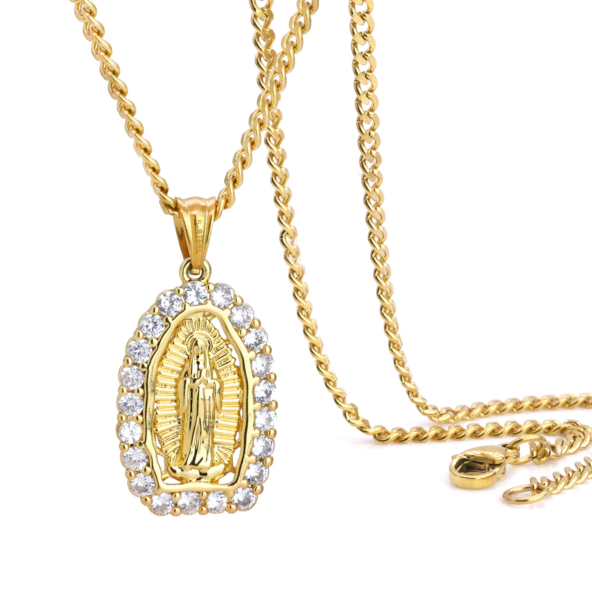 Icy Guadalupe Pendant 24" Cuban Chain Hip Hop Style 18k Gold Stainless Steel