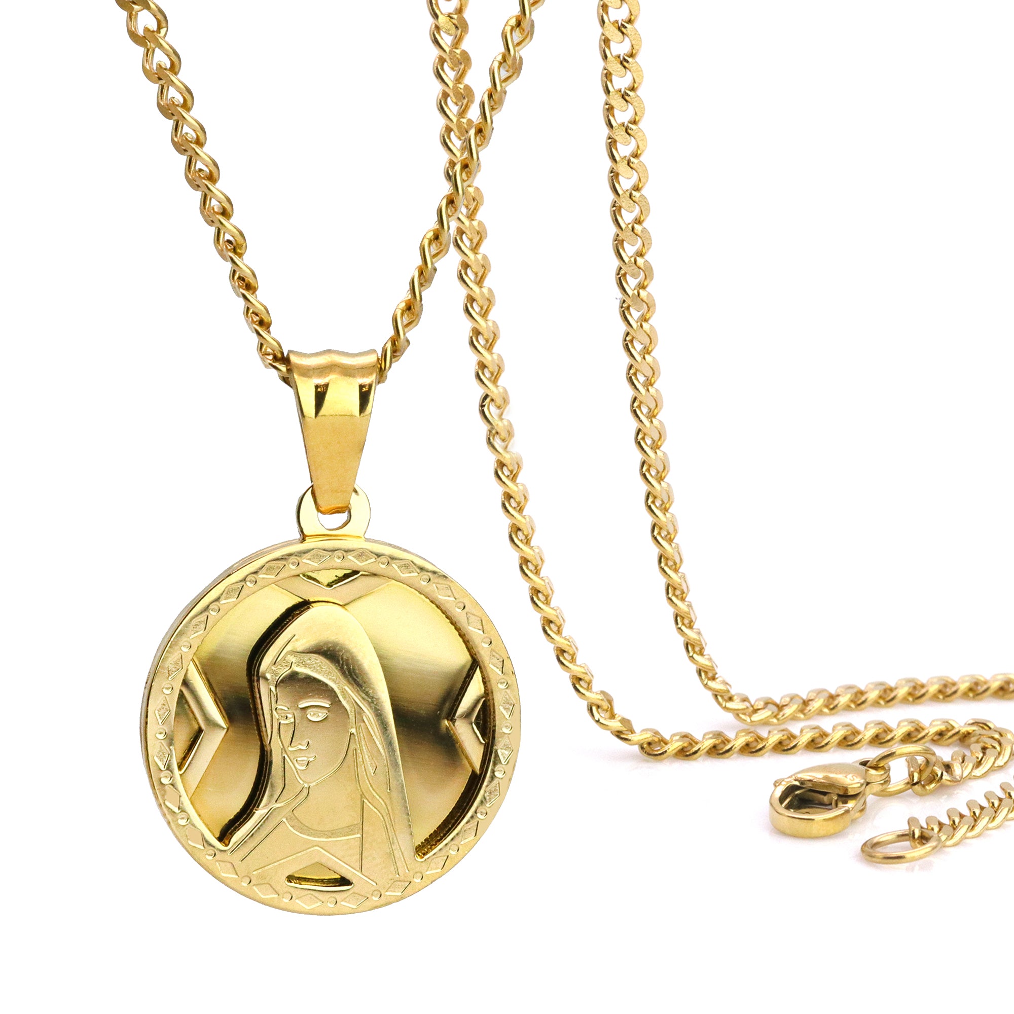 Mary Virgin Medallion Pendant 24" Cuban Chain Hip Hop Style 18k Gold Stainless Steel